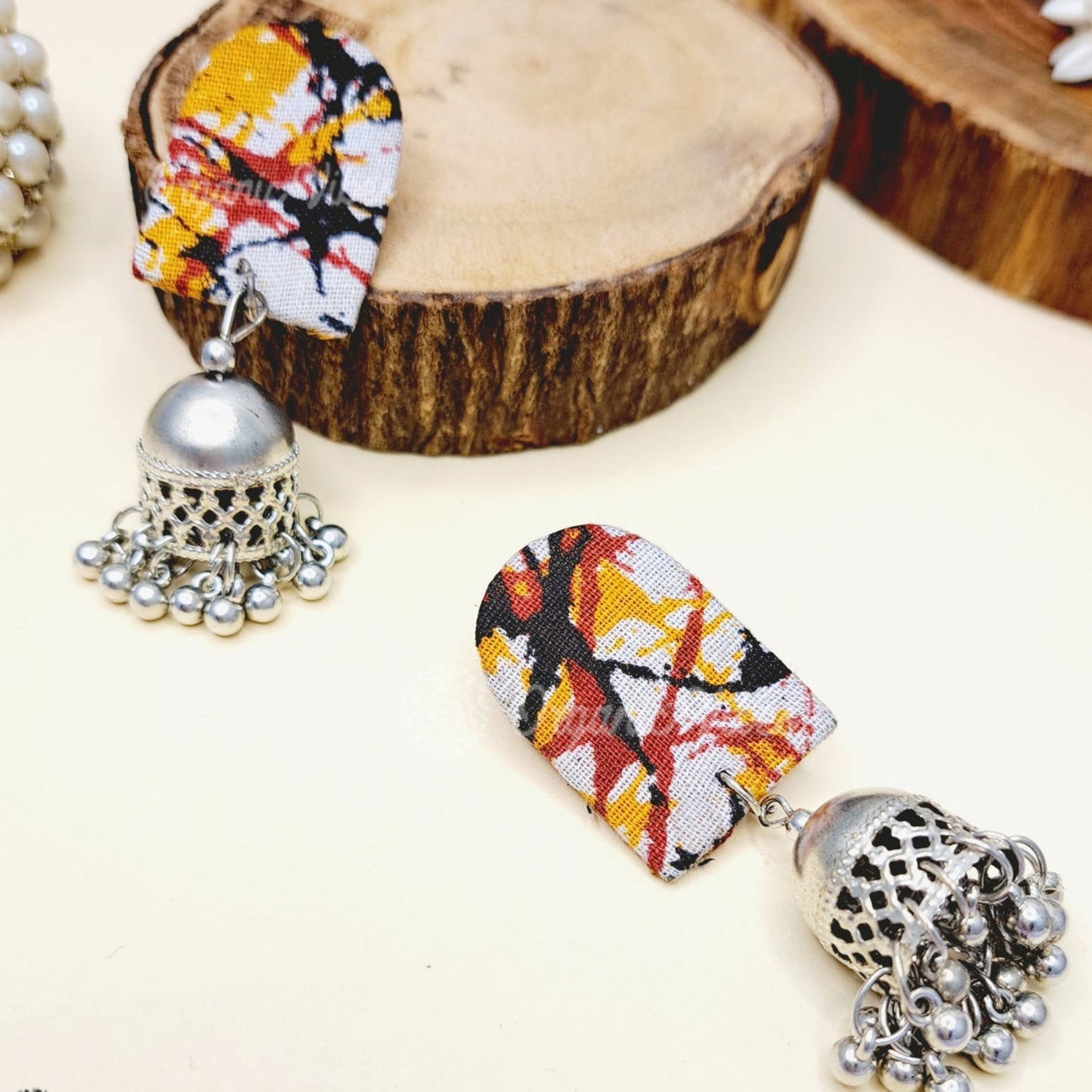 Organic Vibes Handmade Unique Multi Colour Tie Dye Print With Silver Jhumki Fabric Earrings For Women