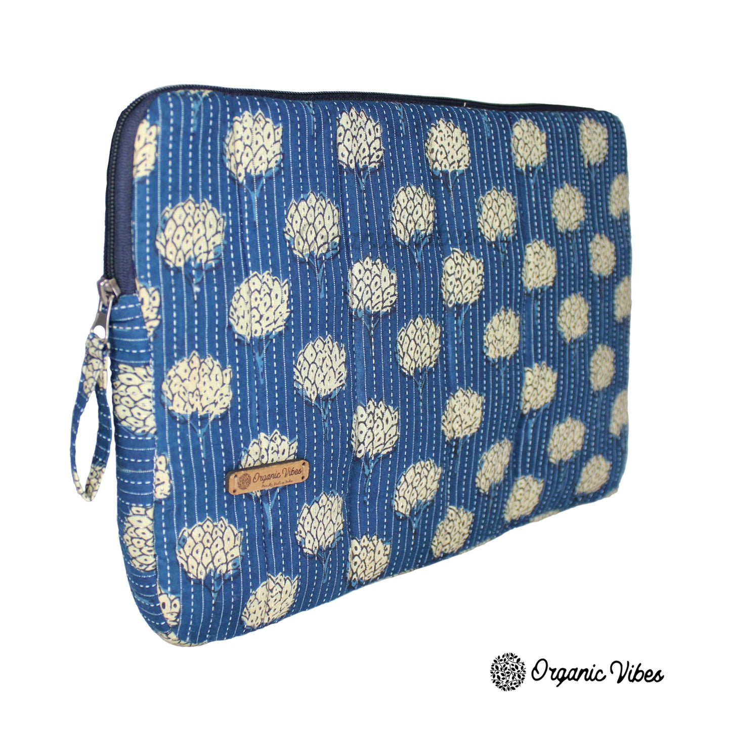 Organic Vibes Hand Block Blue Ikat Floral Printed Laptop Sleeves for 13 Inches Laptop