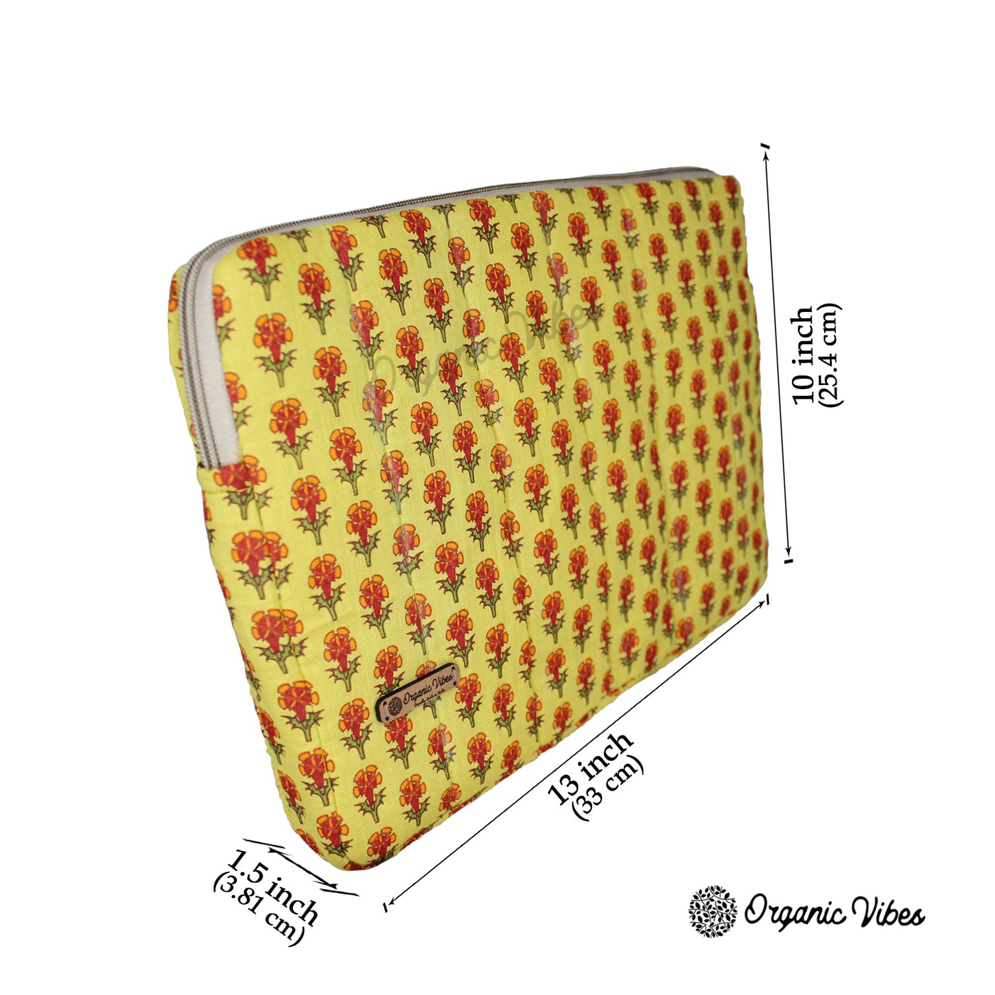 Organic Vibes Hand Block Printed Floral Yellow Laptop Sleeves for 13 Inches Laptop