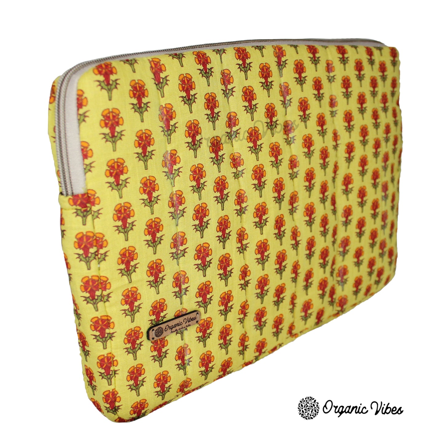 Organic Vibes Hand Block Printed Floral Yellow Laptop Sleeves for 13 Inches Laptop