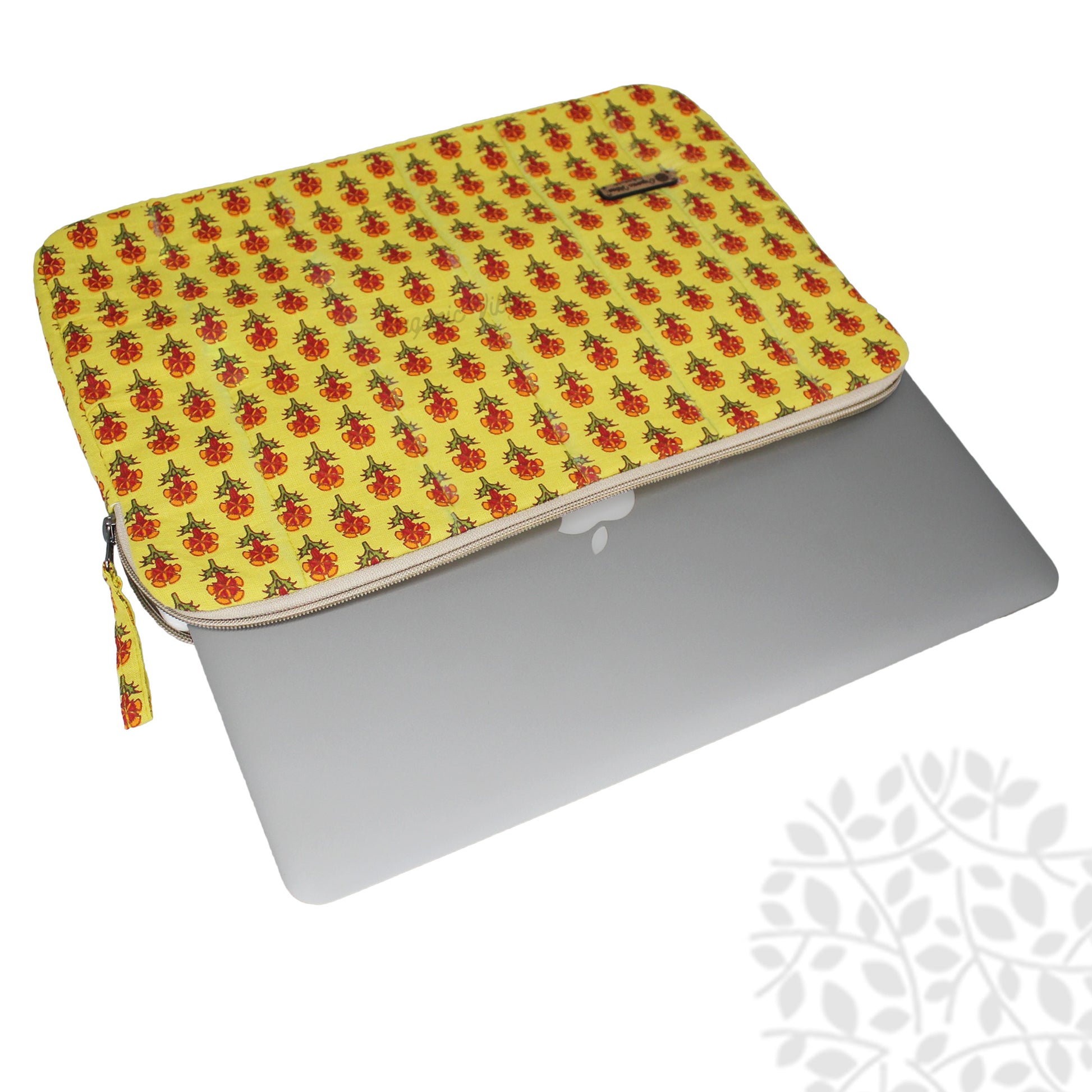 Organic Vibes Hand Block Printed Floral Yellow Laptop Sleeves for 13 Inches Laptop