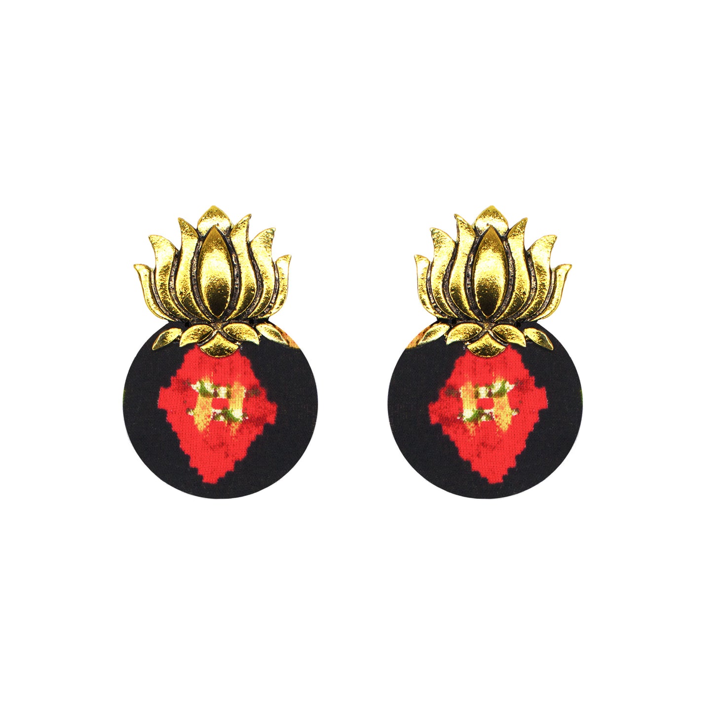 Organic Vibes Handmade Lotus Design Black Studded Fabric Earrings For Women