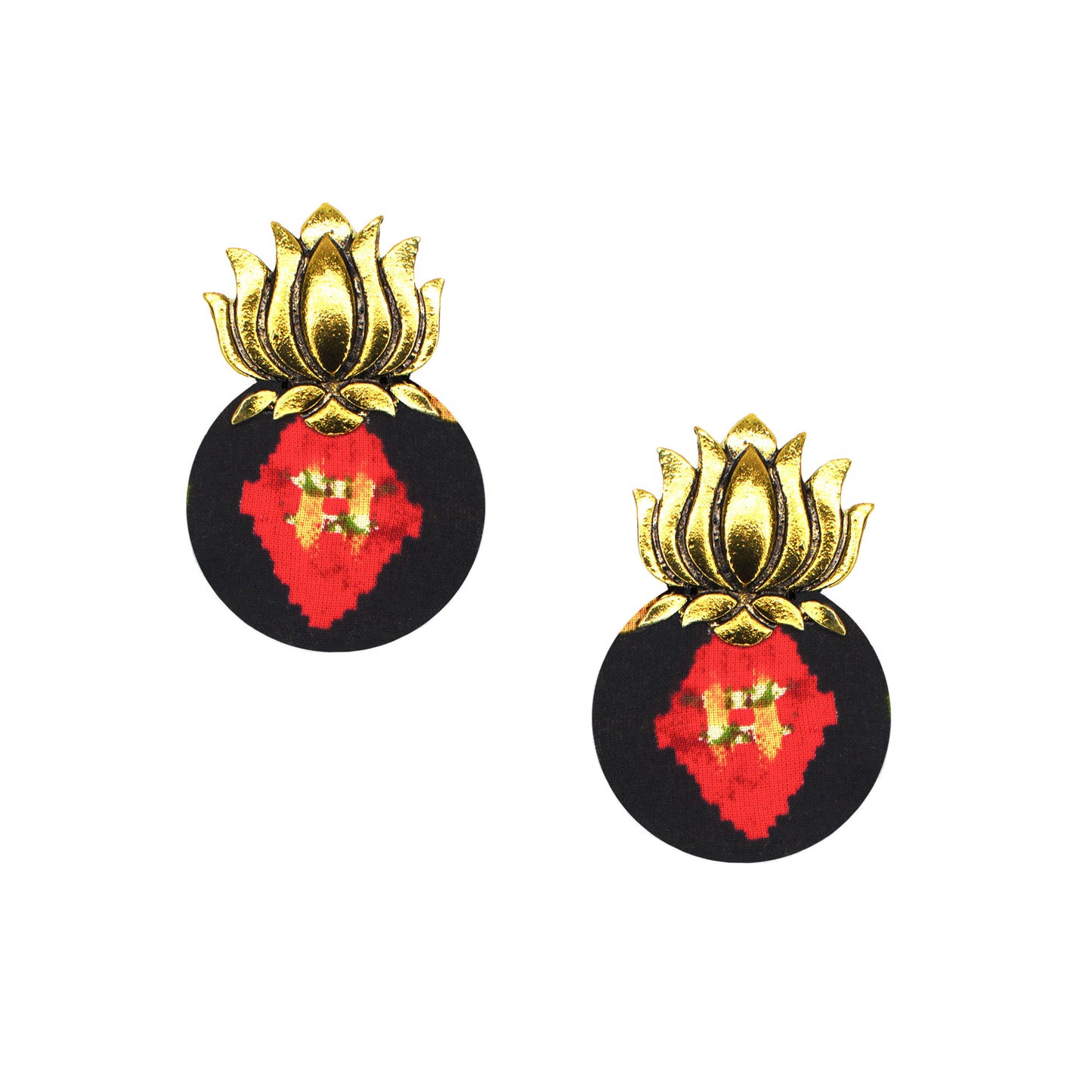 Organic Vibes Handmade Lotus Design Black Studded Fabric Earrings For Women