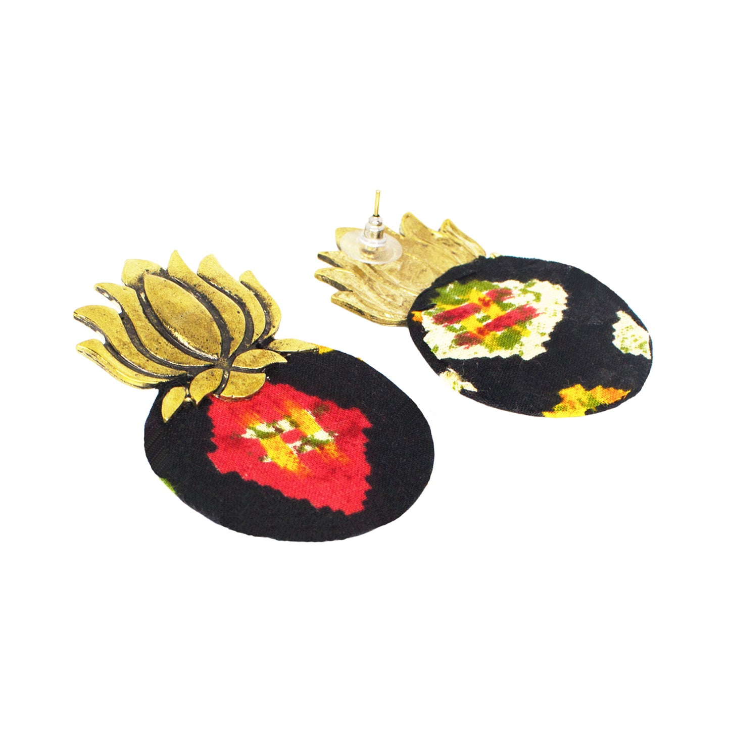 Organic Vibes Handmade Lotus Design Black Studded Fabric Earrings For Women