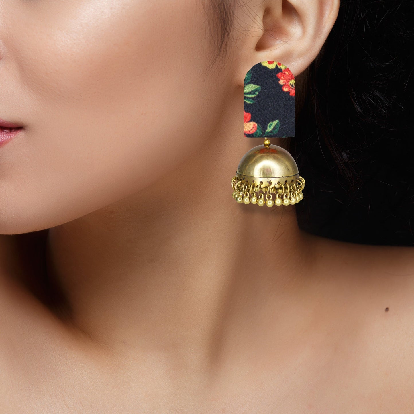 Organic Vibes Handmade Unique Black Floral Print With Golden Jhumki Fabric Earrings For Women