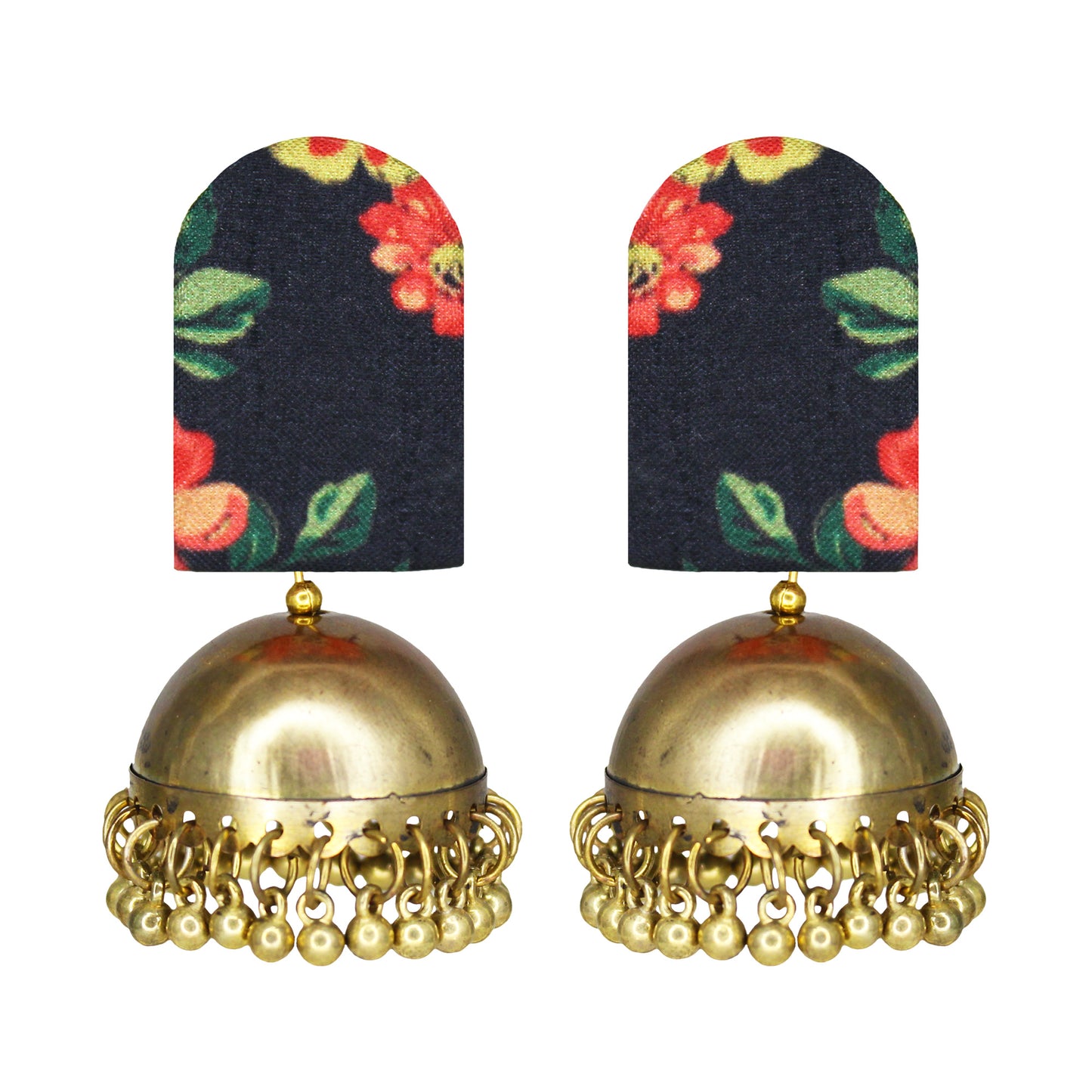Organic Vibes Handmade Unique Black Floral Print With Golden Jhumki Fabric Earrings For Women