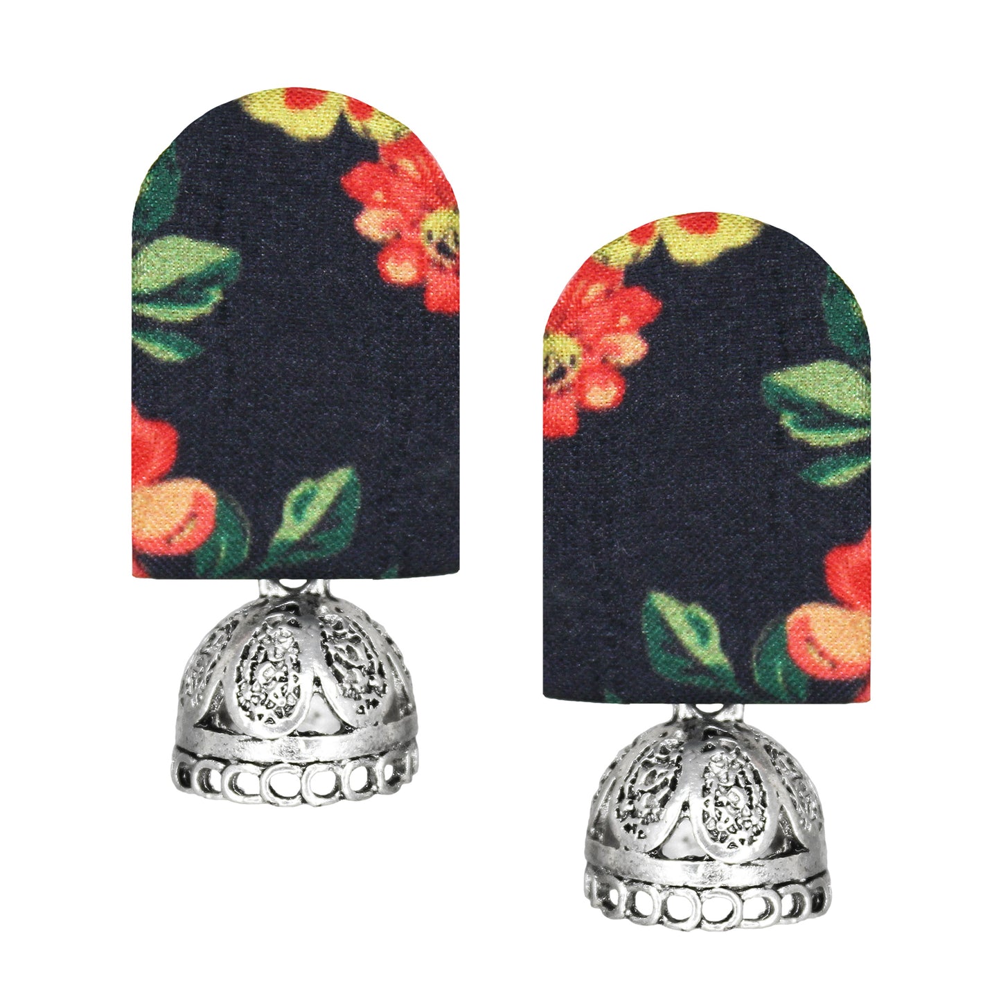 Organic Vibes Handmade Unique Black Floral Print With Silver Jhumki Fabric Earrings For Women