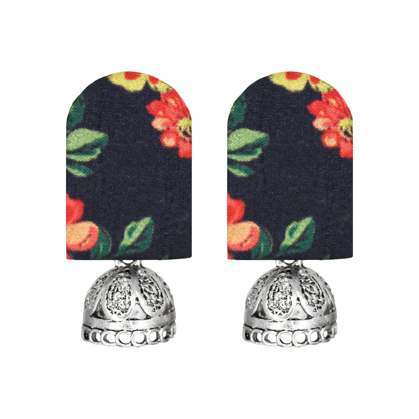 Organic Vibes Handmade Unique Black Floral Print With Silver Jhumki Fabric Earrings For Women