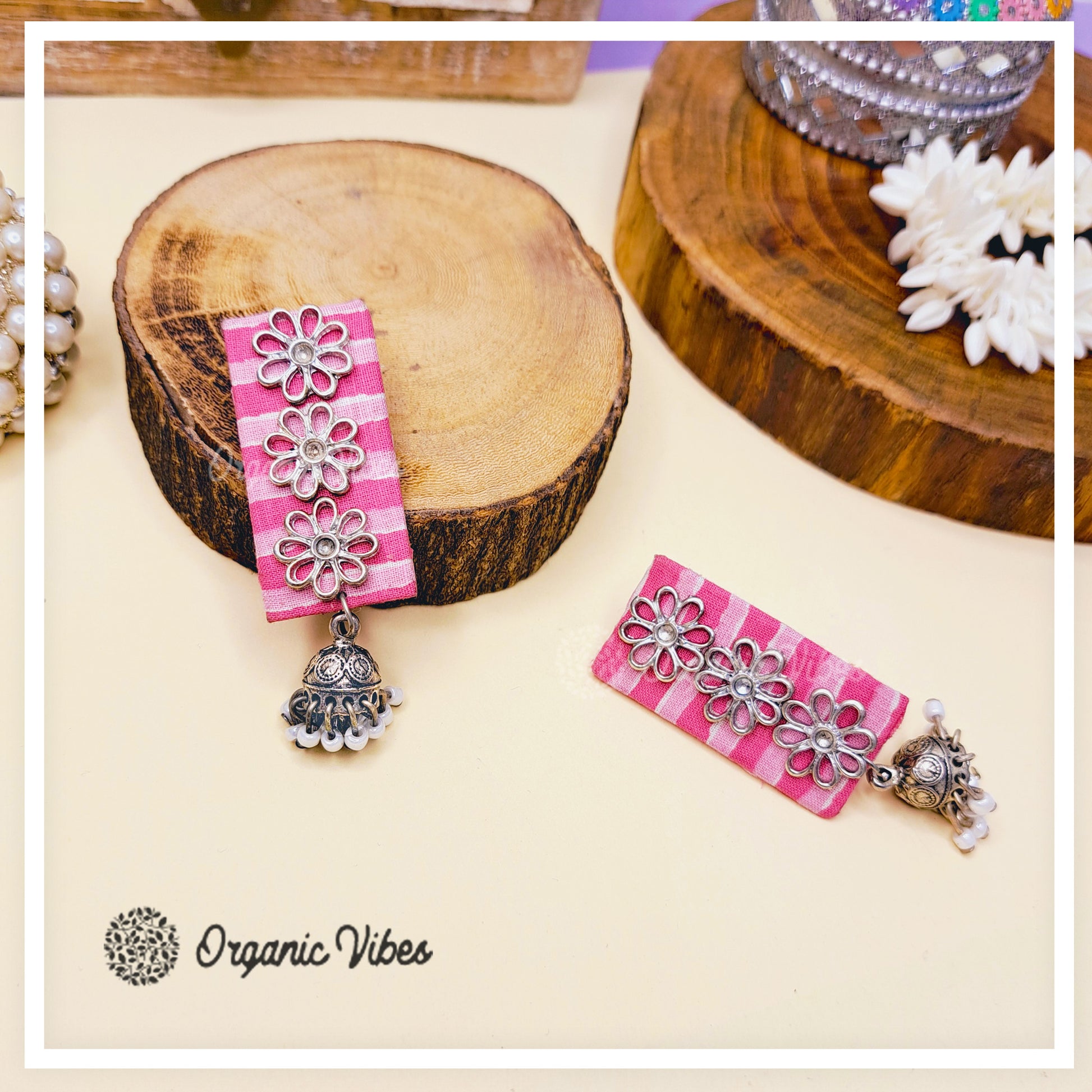 Organic Vibes Handmade Pink Floral design Jhumki Fabric Earrings For Women