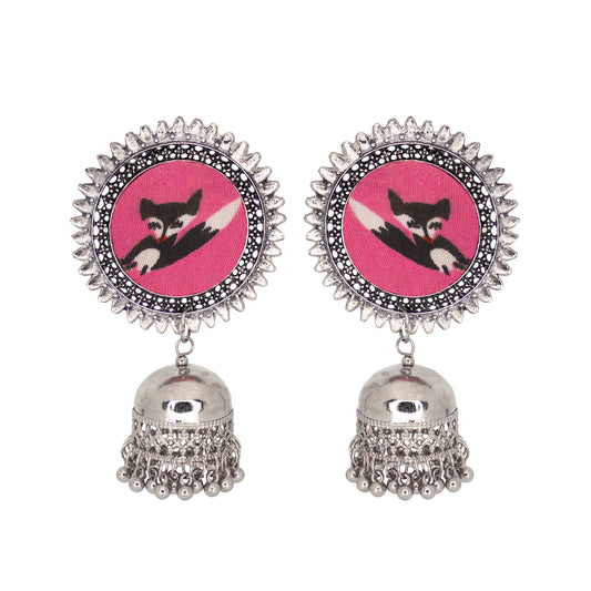 Organic Vibes Handmade Handmade Pink With Cat Printed Silver Jhumka Fabric Earrings For Women