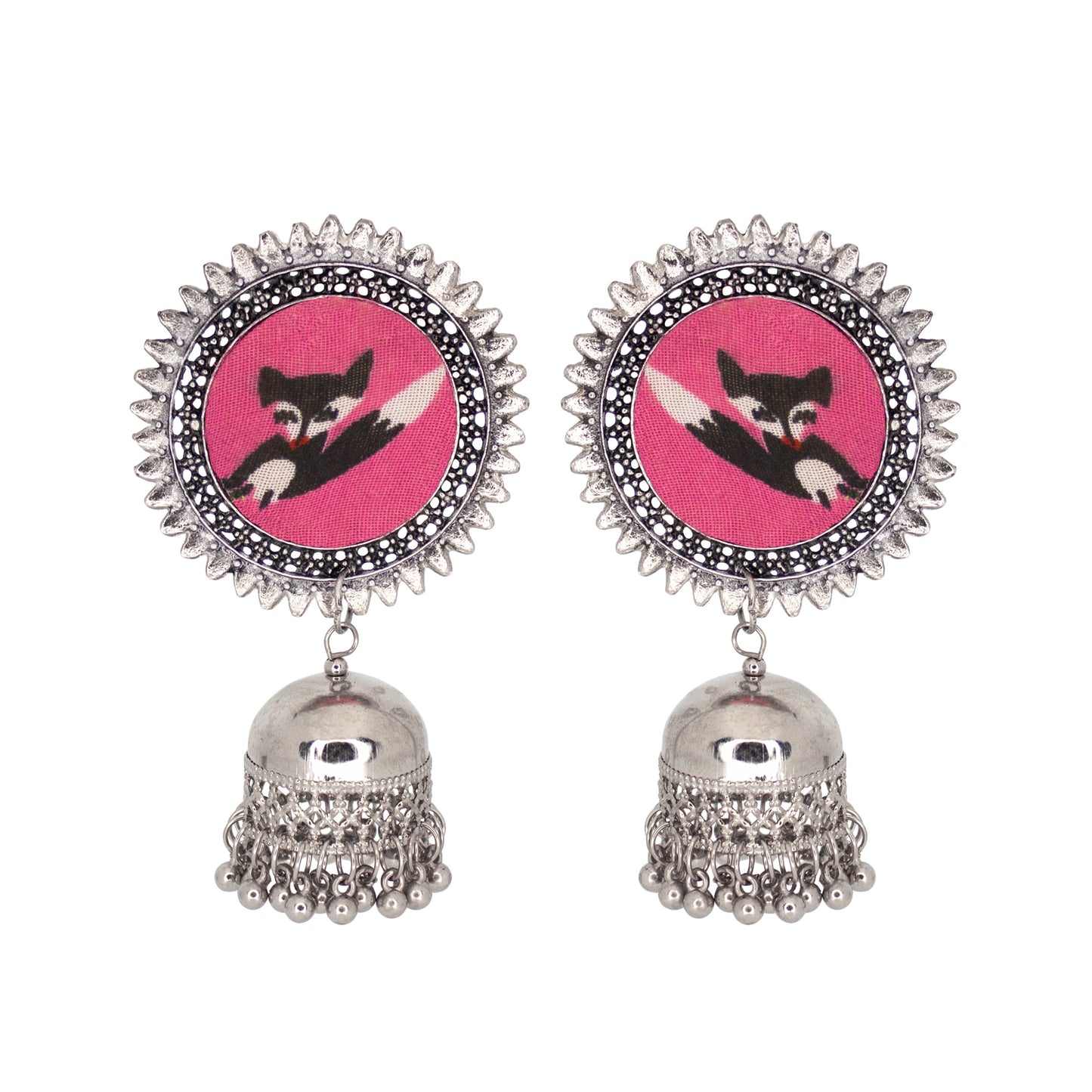 Organic Vibes Handmade Handmade Pink With Cat Printed Silver Jhumka Fabric Earrings For Women