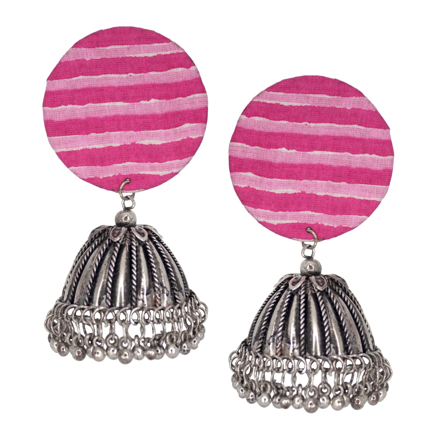Organic Vibes Handmade Unique Pink and White Striped Round Stud with Silver Jhumka Fabric Earrings For Women