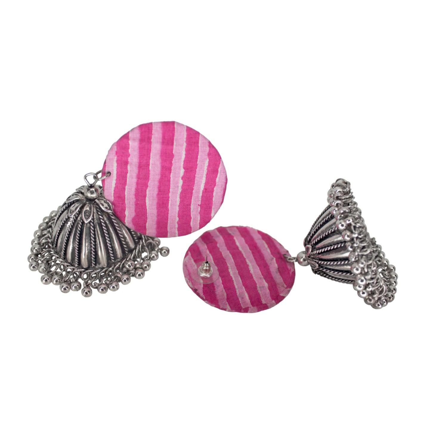Organic Vibes Handmade Unique Pink and White Striped Round Stud with Silver Jhumka Fabric Earrings For Women