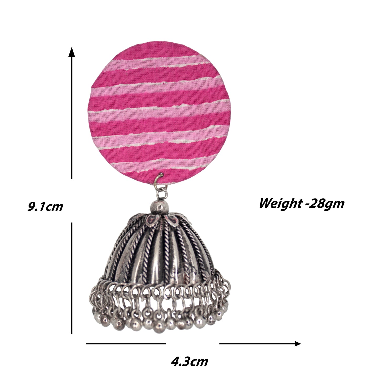 Organic Vibes Handmade Unique Pink and White Striped Round Stud with Silver Jhumka Fabric Earrings For Women