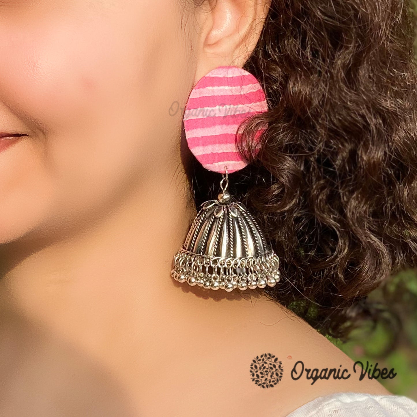 Organic Vibes Handmade Unique Pink and White Striped Round Stud with Silver Jhumka Fabric Earrings For Women