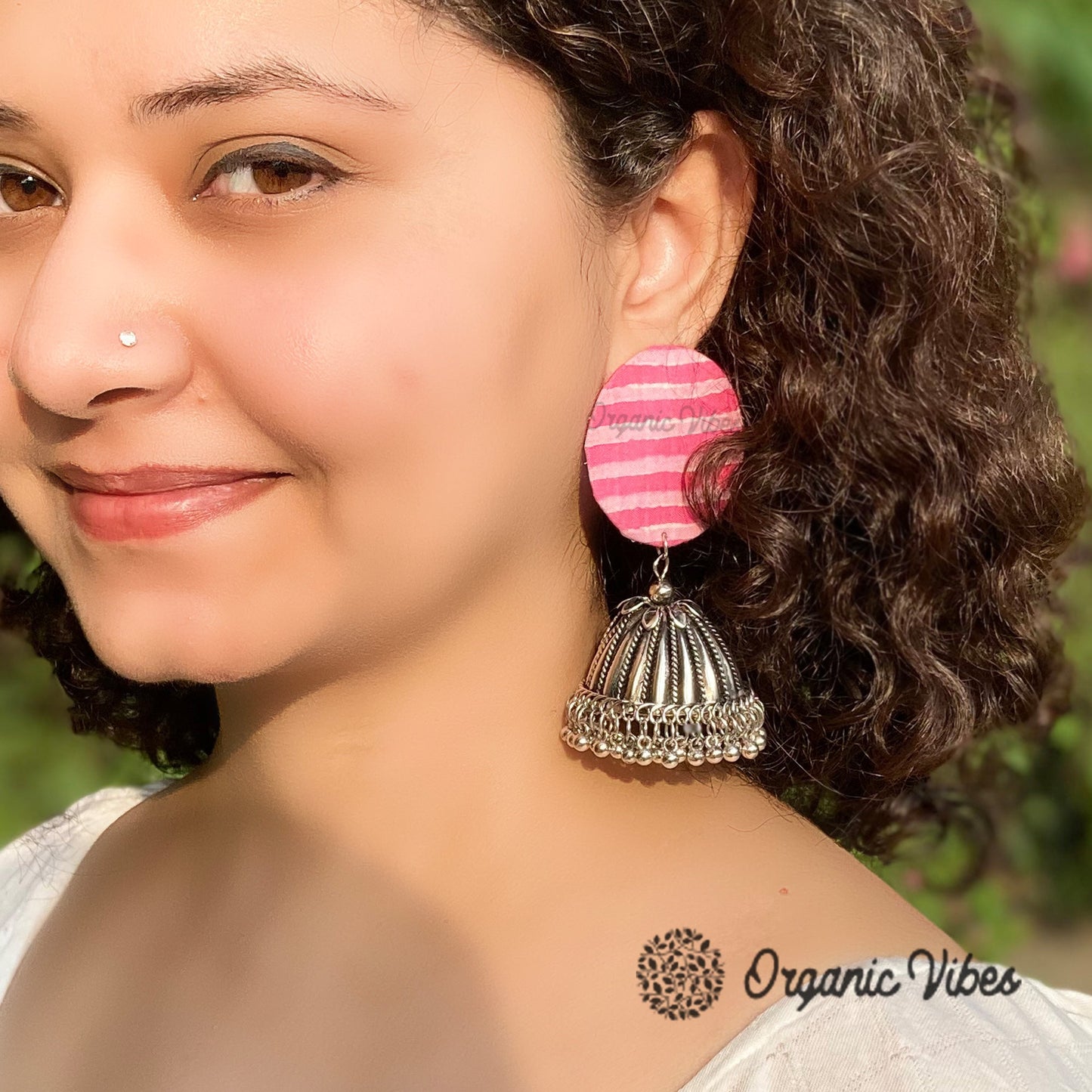 Organic Vibes Handmade Unique Pink and White Striped Round Stud with Silver Jhumka Fabric Earrings For Women