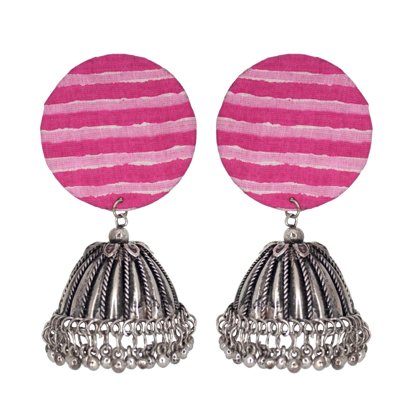 Organic Vibes Handmade Unique Pink and White Striped Round Stud with Silver Jhumka Fabric Earrings For Women
