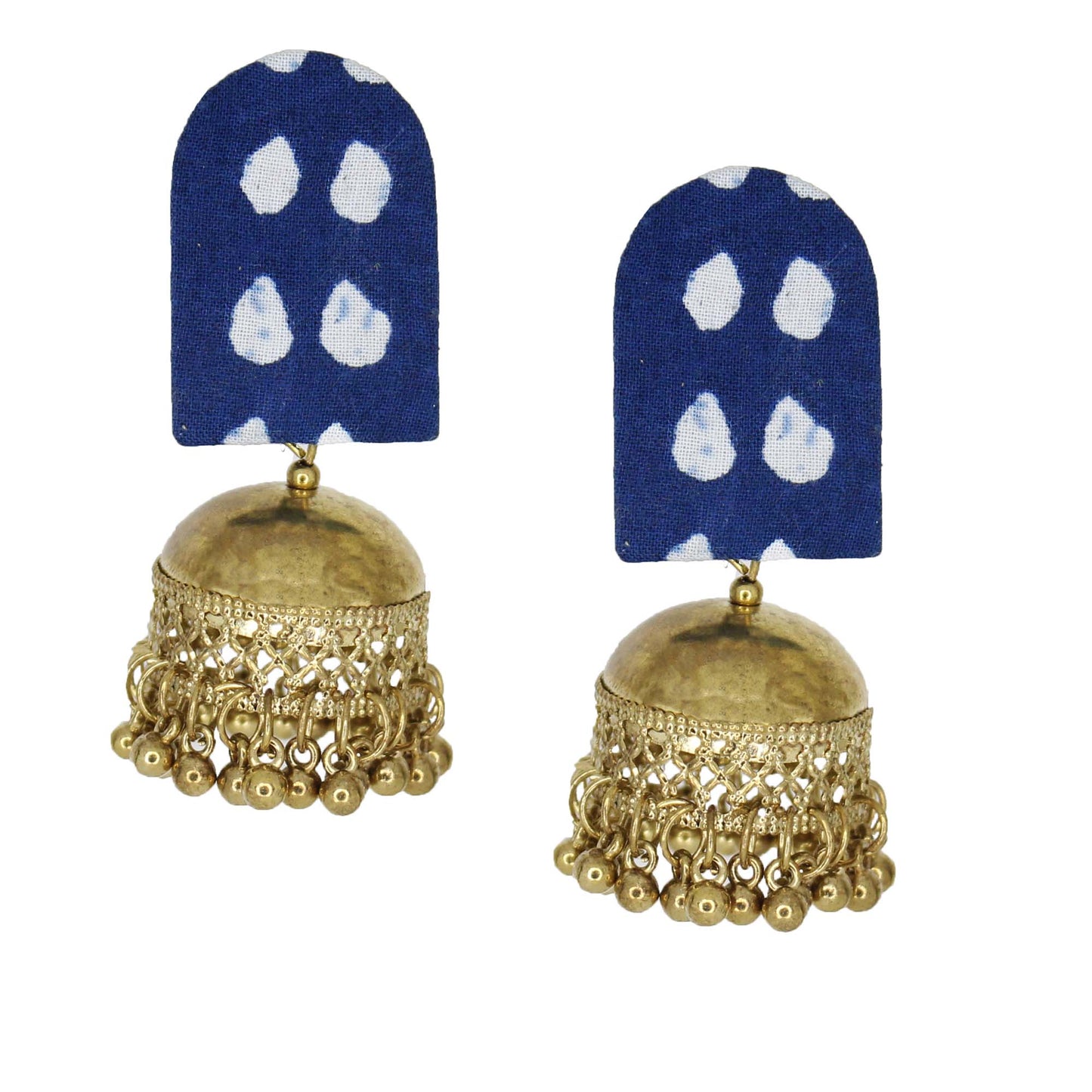 Organic Vibes Handmade Blue Indigo Drop Print With Golden Jhumki Fabric Earrings For Women