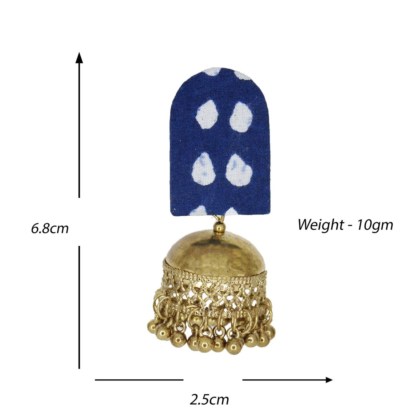 Organic Vibes Handmade Blue Indigo Drop Print With Golden Jhumki Fabric Earrings For Women