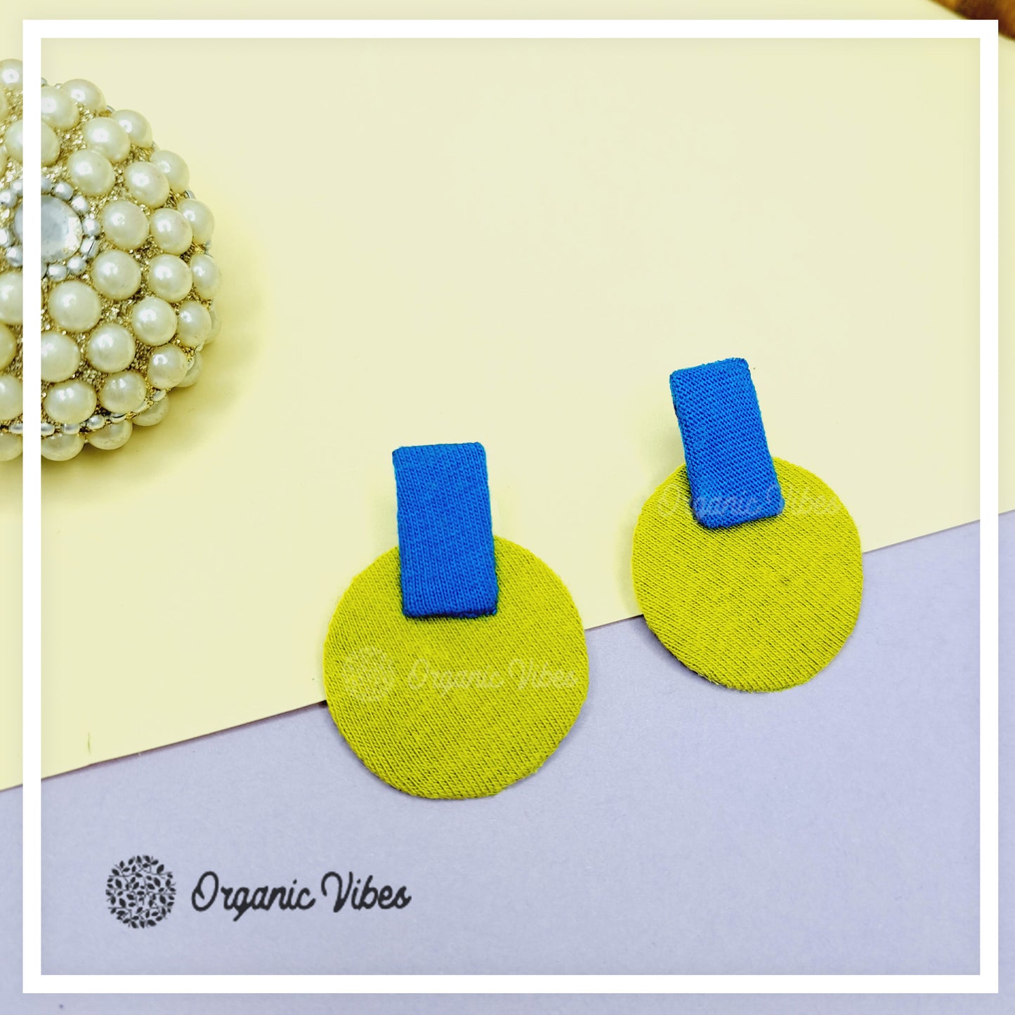 Organic Vibes Handmade Geometrical Blue-Olive Shape Antique Stud Fabric Earrings For Women