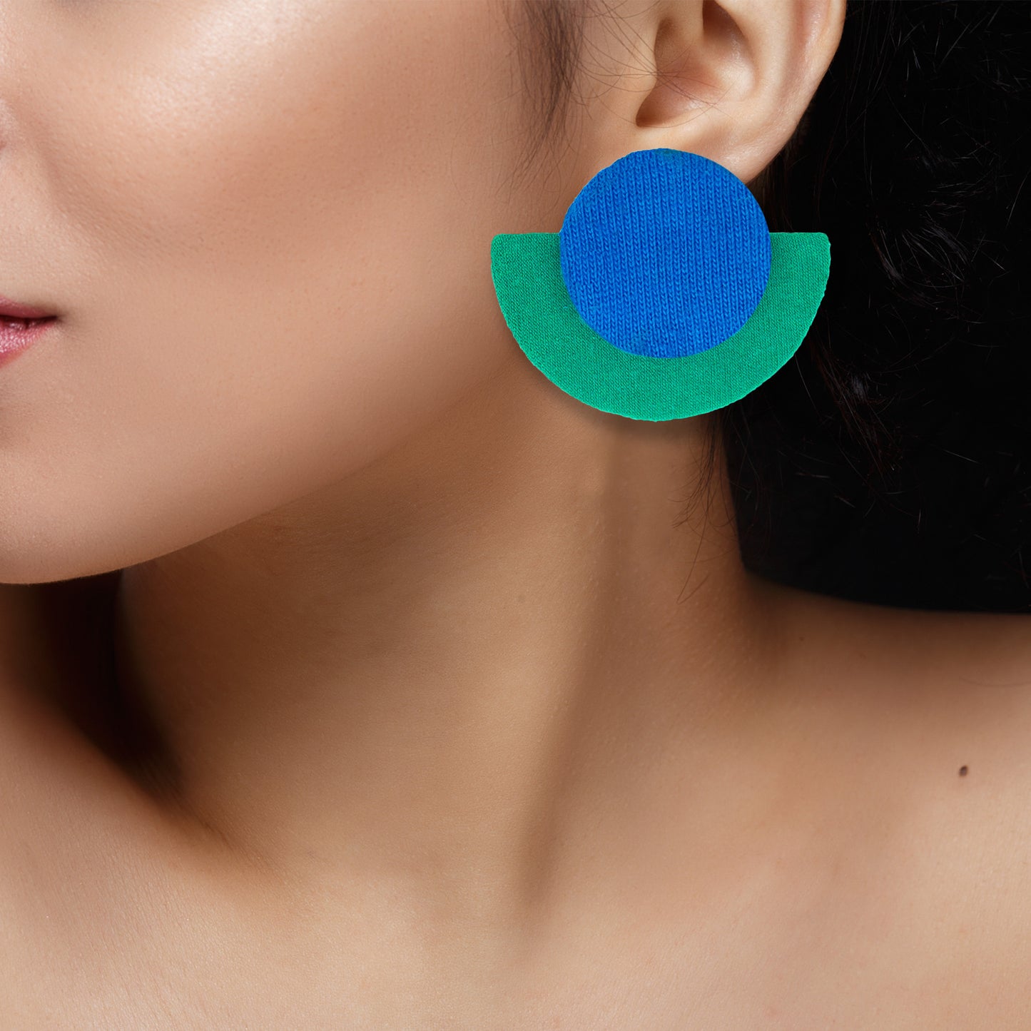 Organic Vibes Handmade Geometrical Shape Unique Blue-Green Stud Fabric Earrings For Women
