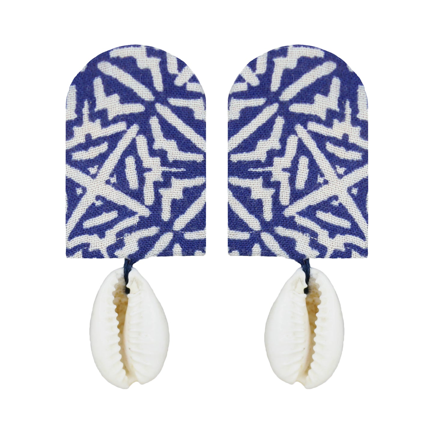 Organic Vibes Handmade White-Blue Print With Shell Fabric Earrings For Women