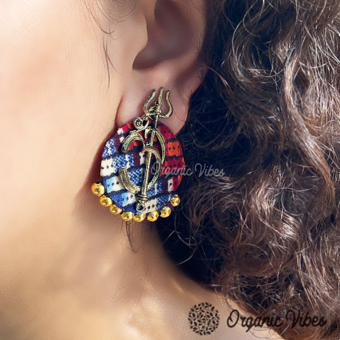 Organic Vibes Handmade Om And Trishul Design Multi Color Stud Fabric Earrings For Women
