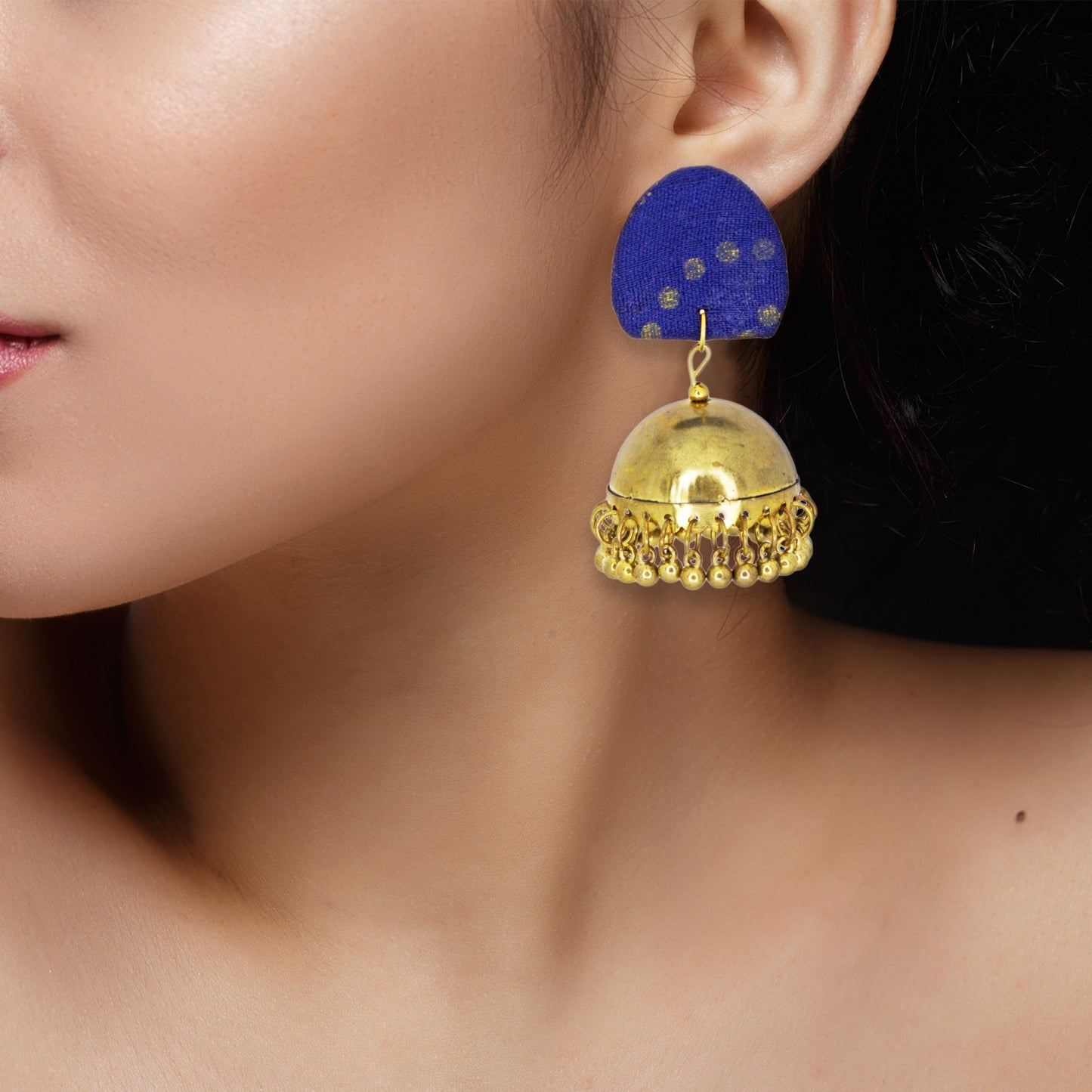 Organic Vibes Handmade Unique Geometric Blue Stud With Golden Jhumka Fabric Earrings For Women