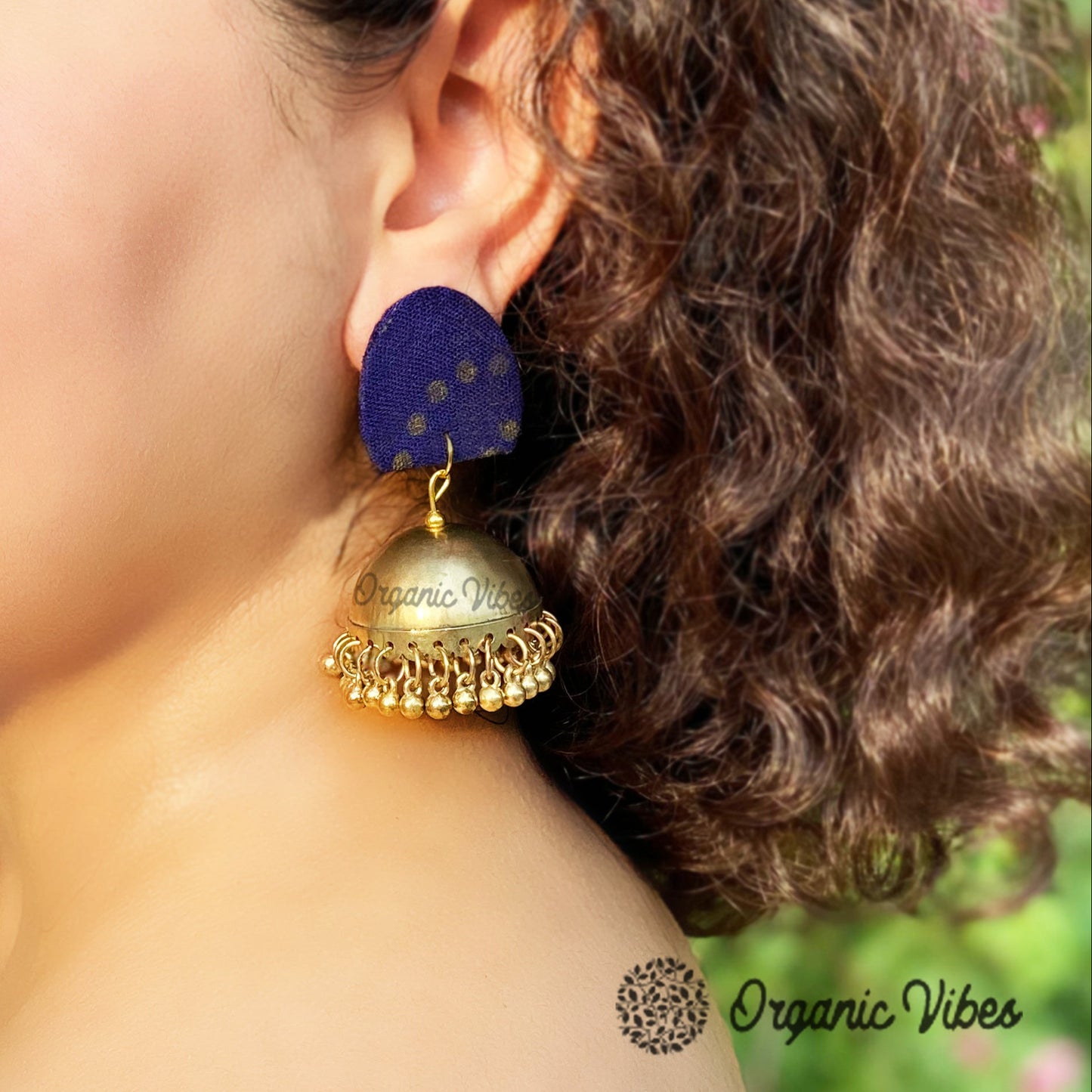 Organic Vibes Handmade Unique Geometric Blue Stud With Golden Jhumka Fabric Earrings For Women