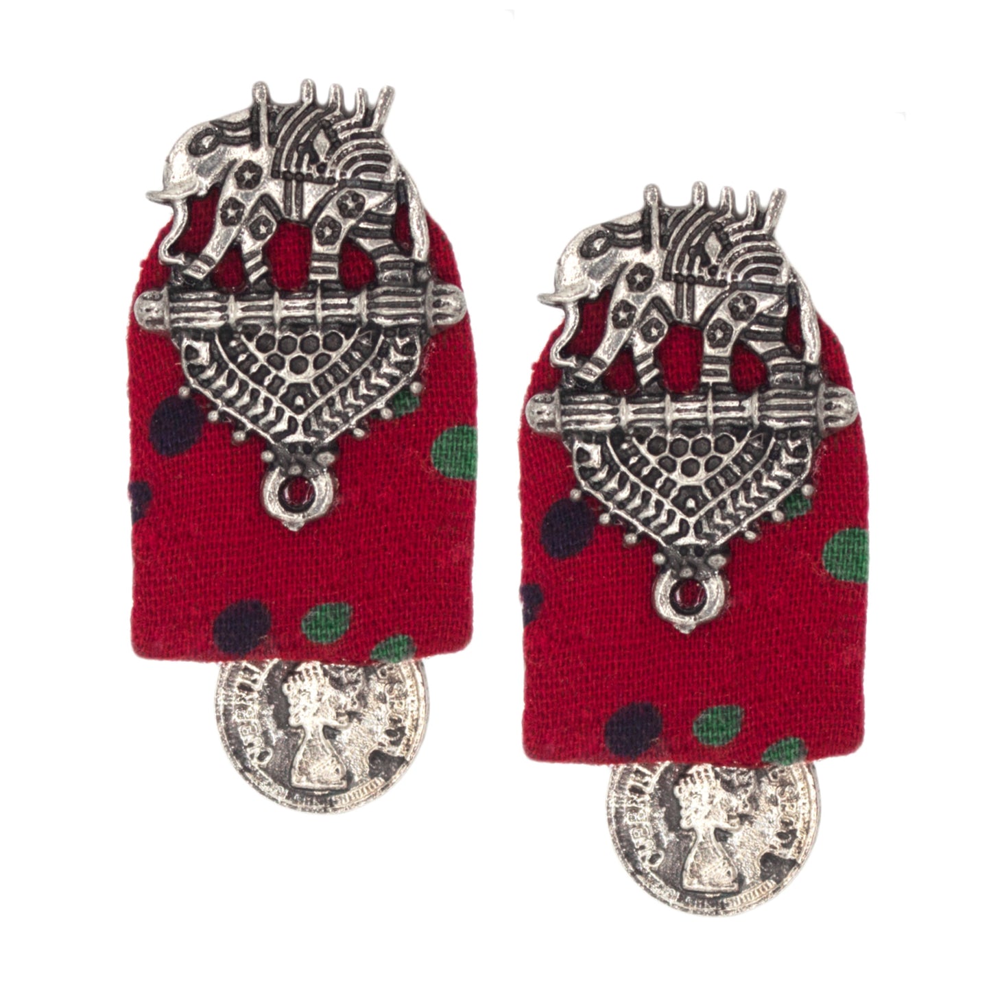 Organic Vibes Handmade Elephant Design Red With Antique Coin Studded Fabric Earrings For Women