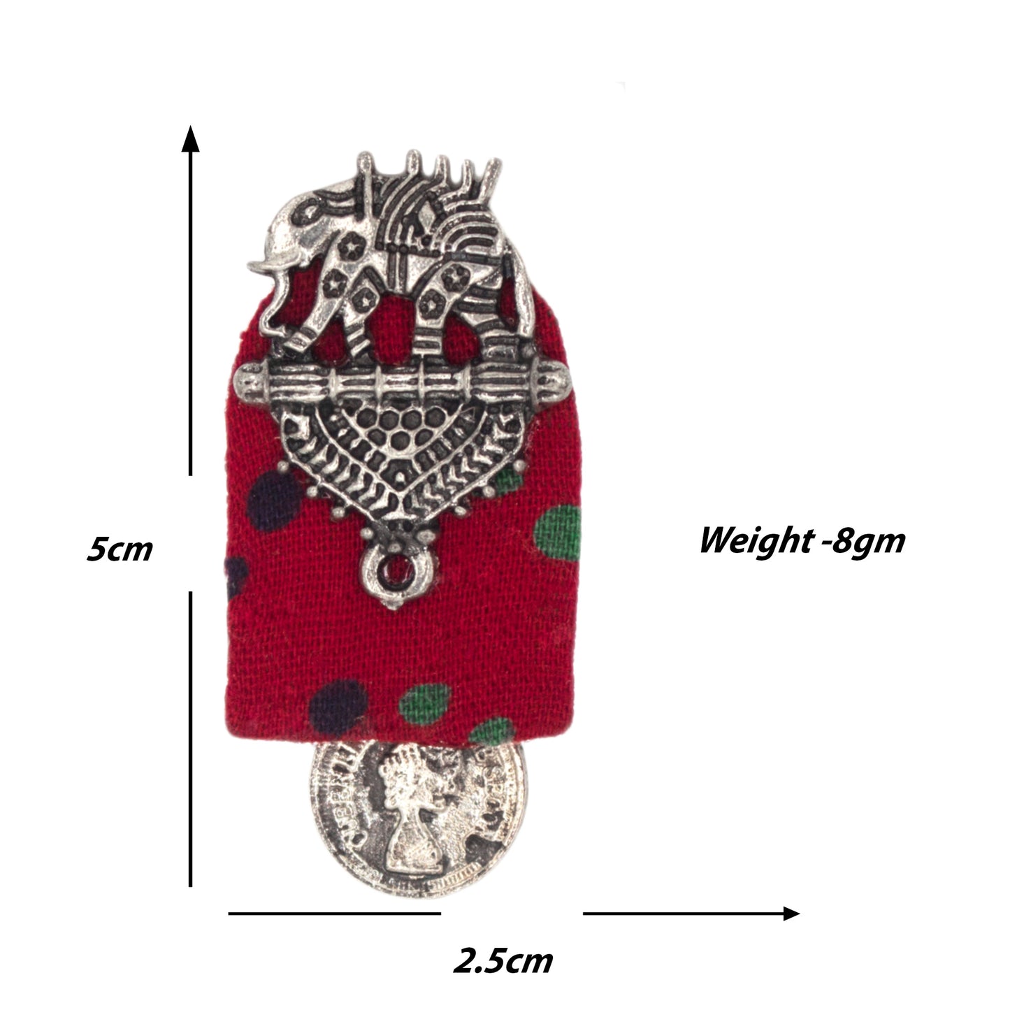 Organic Vibes Handmade Elephant Design Red With Antique Coin Studded Fabric Earrings For Women