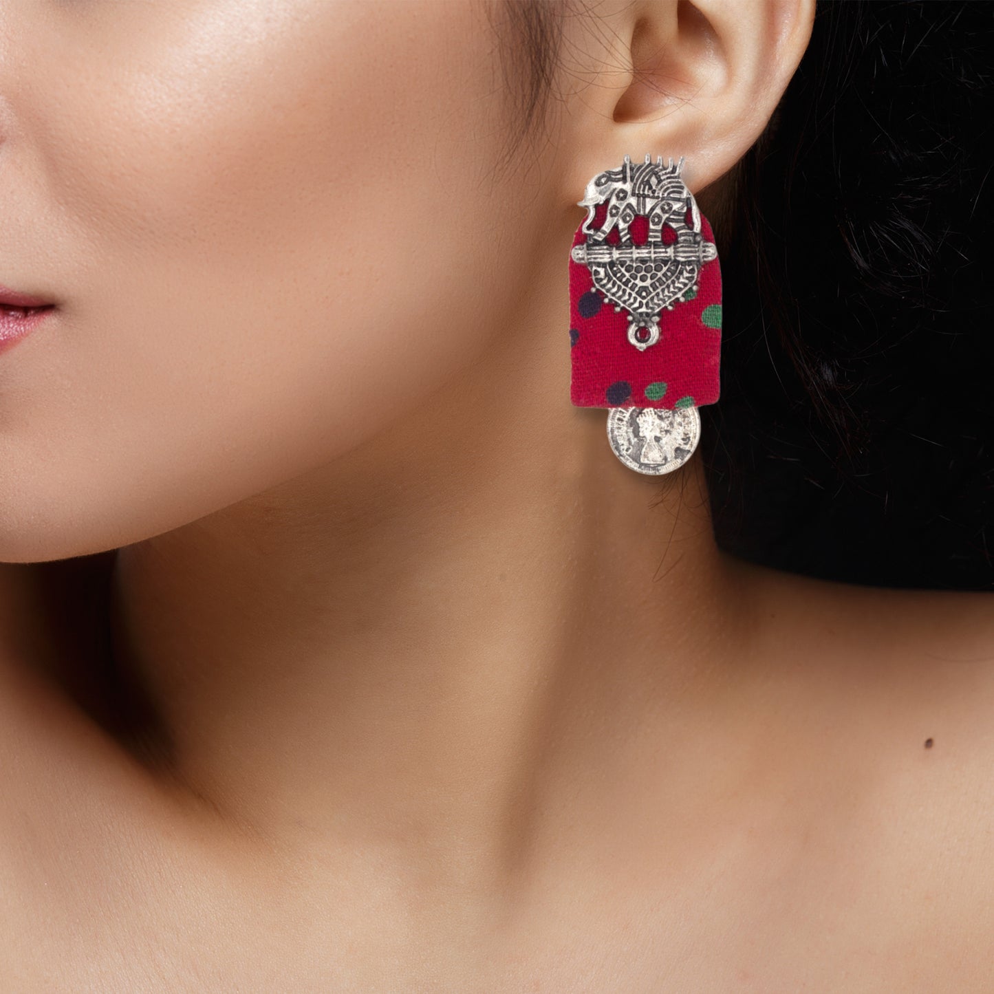 Organic Vibes Handmade Elephant Design Red With Antique Coin Studded Fabric Earrings For Women