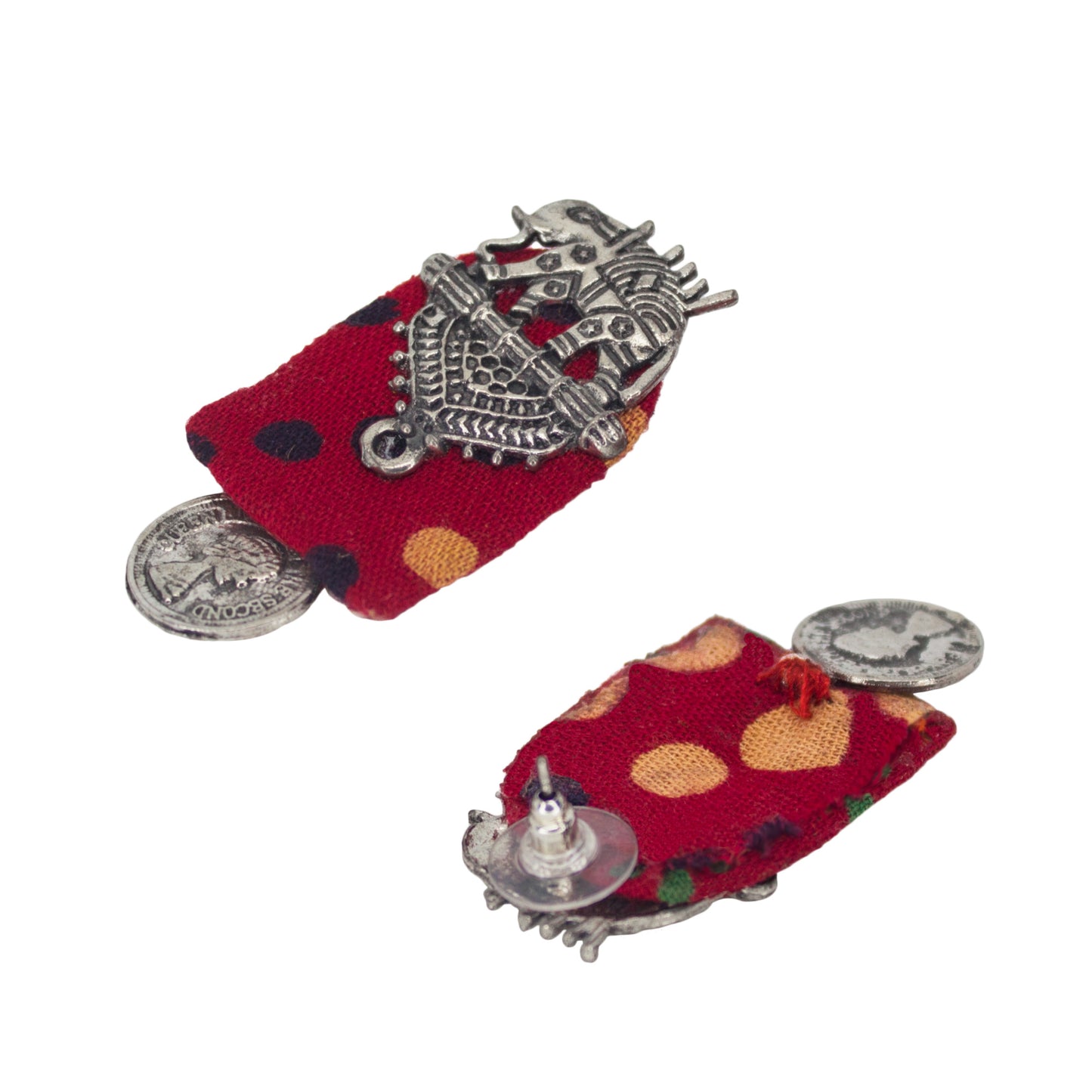 Organic Vibes Handmade Elephant Design Red With Antique Coin Studded Fabric Earrings For Women