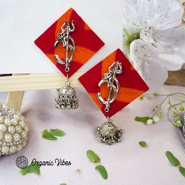 Organic Vibes Handmade Square Shape Fabric with Oxidised Silver Shiva Trishul Studs Design with Dangler Jhumka Earrings For Women