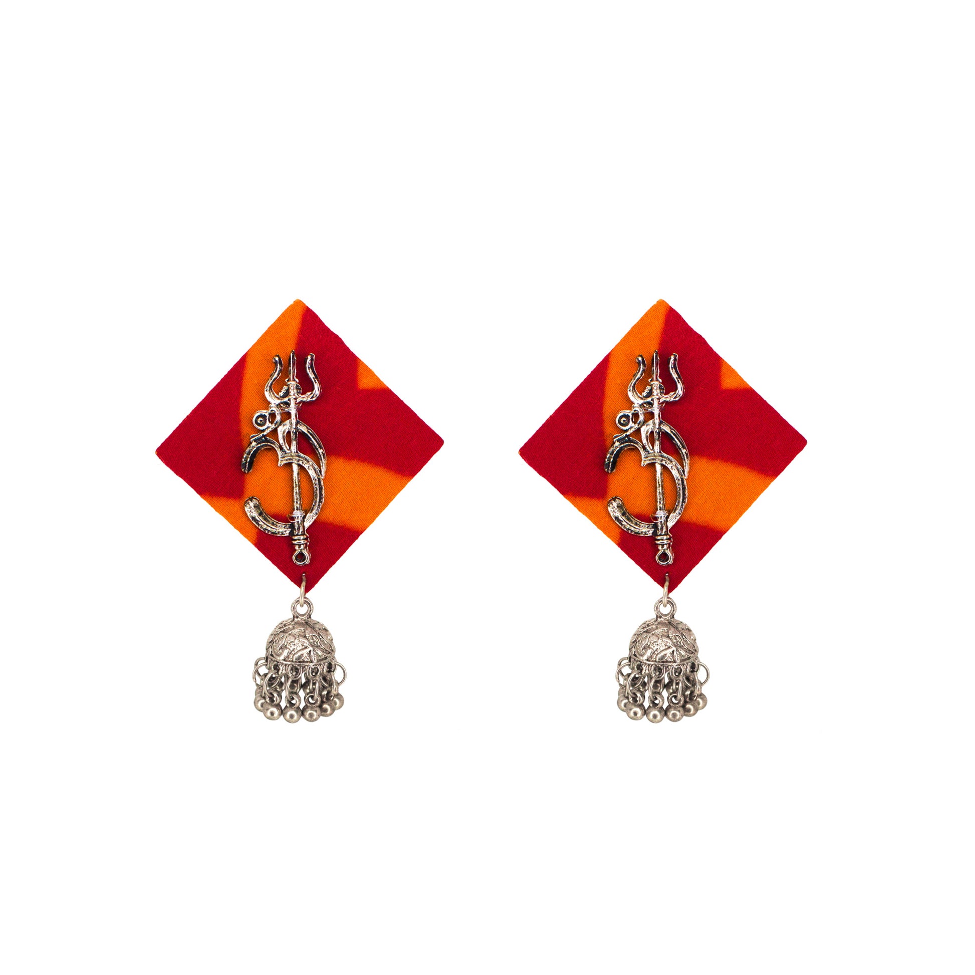 Organic Vibes Handmade Square Shape Fabric with Oxidised Silver Shiva Trishul Studs Design with Dangler Jhumka Earrings For Women