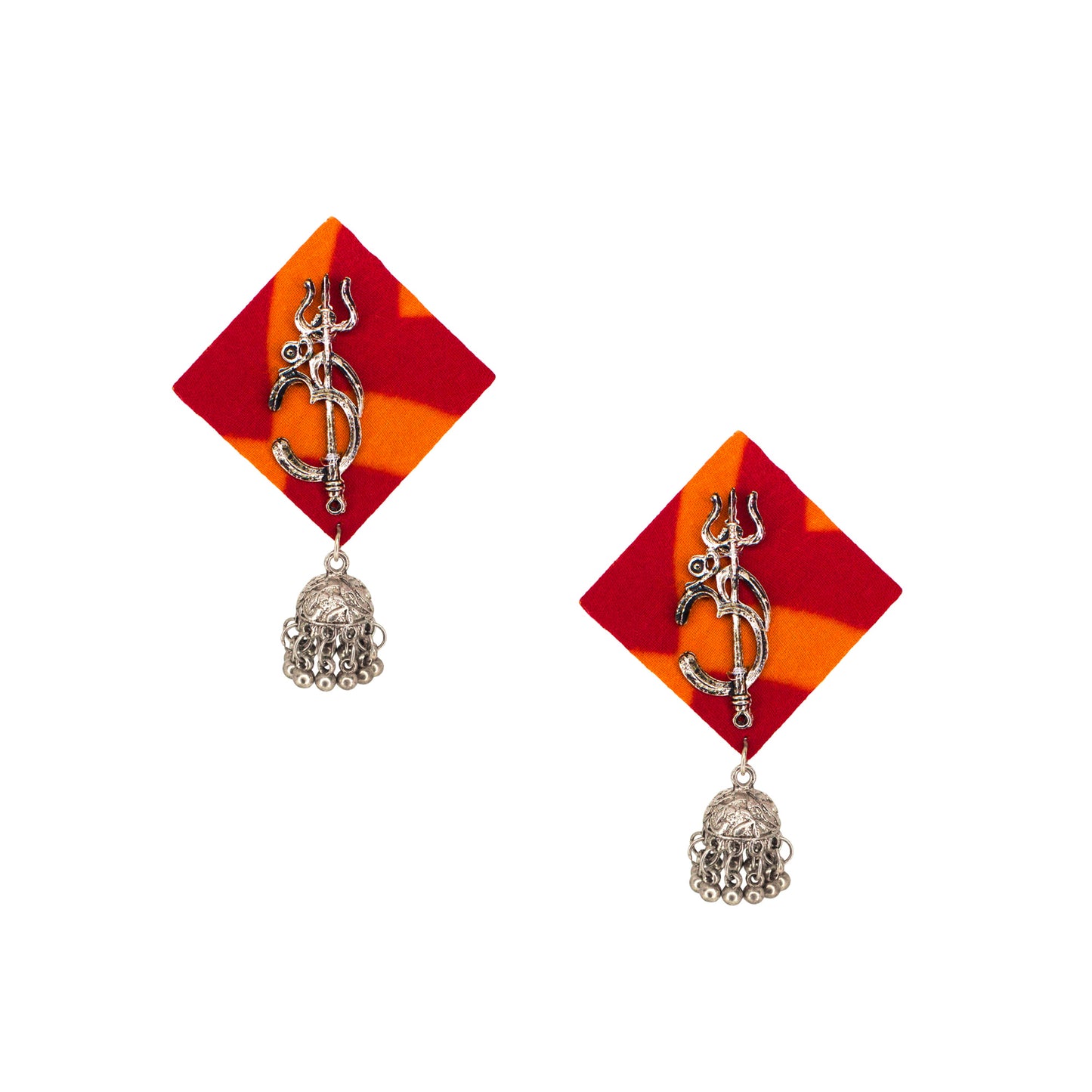 Organic Vibes Handmade Square Shape Fabric with Oxidised Silver Shiva Trishul Studs Design with Dangler Jhumka Earrings For Women