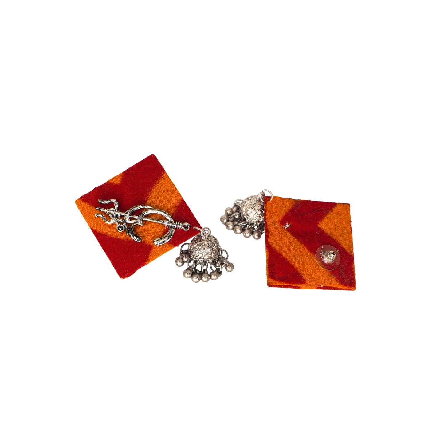 Organic Vibes Handmade Square Shape Fabric with Oxidised Silver Shiva Trishul Studs Design with Dangler Jhumka Earrings For Women