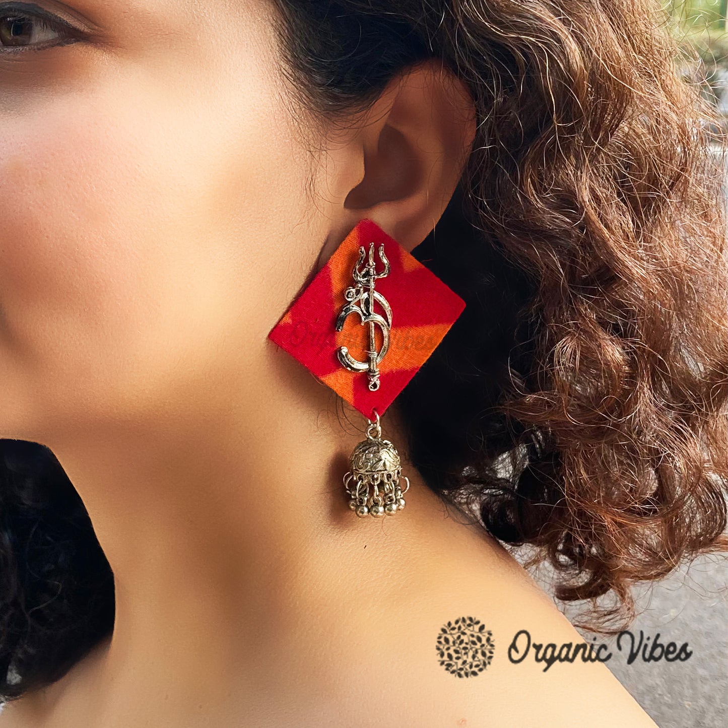 Organic Vibes Handmade Square Shape Fabric with Oxidised Silver Shiva Trishul Studs Design with Dangler Jhumka Earrings For Women