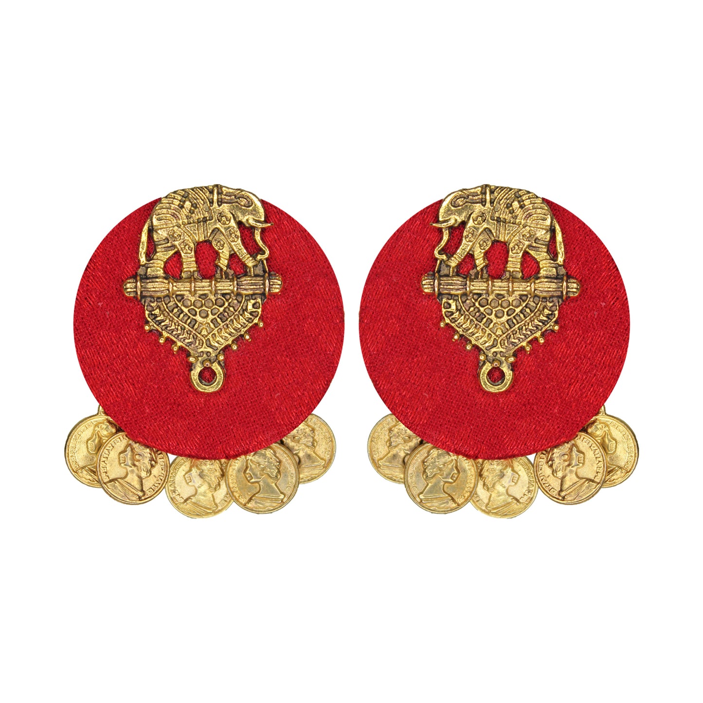 Organic Vibes Handmade Red Elephant Design Antique Coin Studded Fabric Earrings For Women