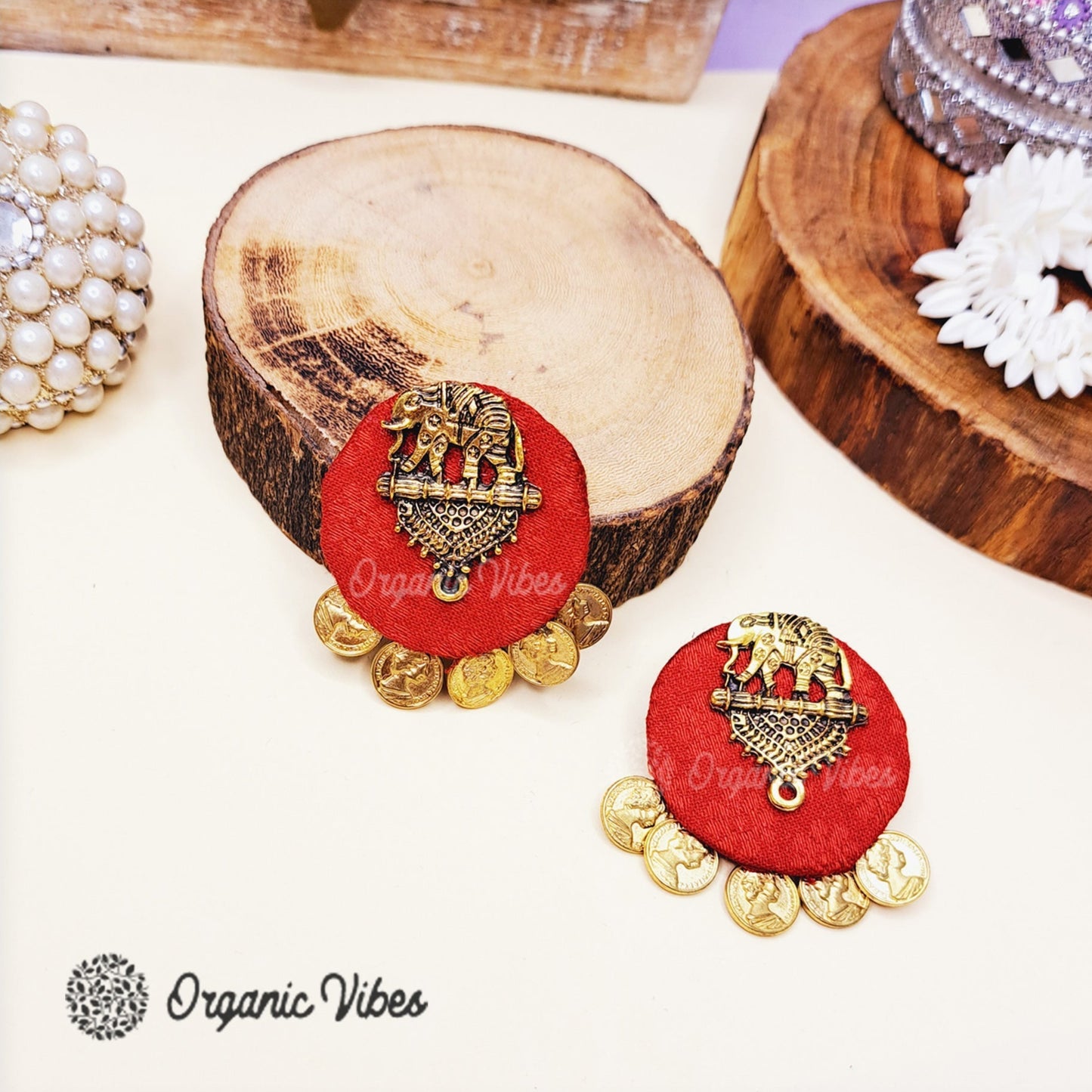Organic Vibes Handmade Red Elephant Design Antique Coin Studded Fabric Earrings For Women