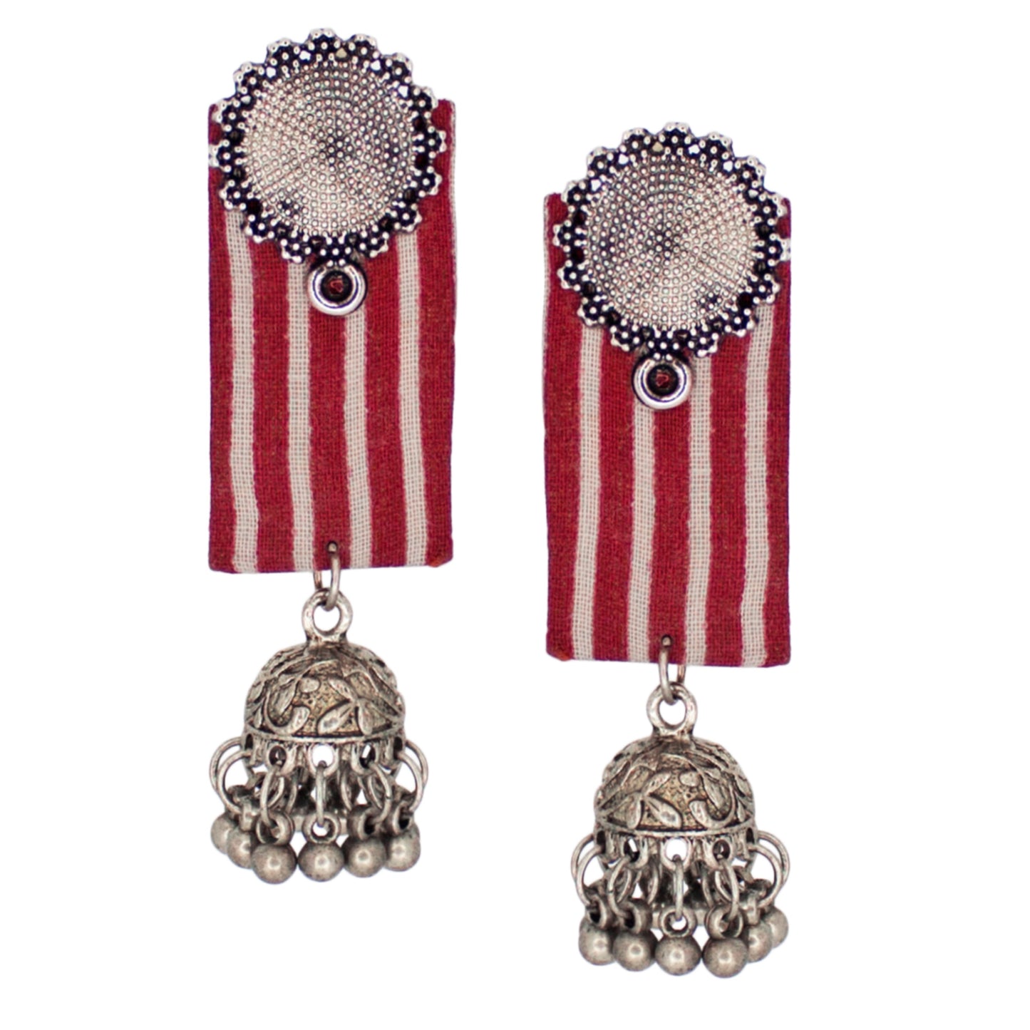 Organic Vibes Handmade Red And White Striped With Floral Stud And Jhumki Fabric Earrings For Women