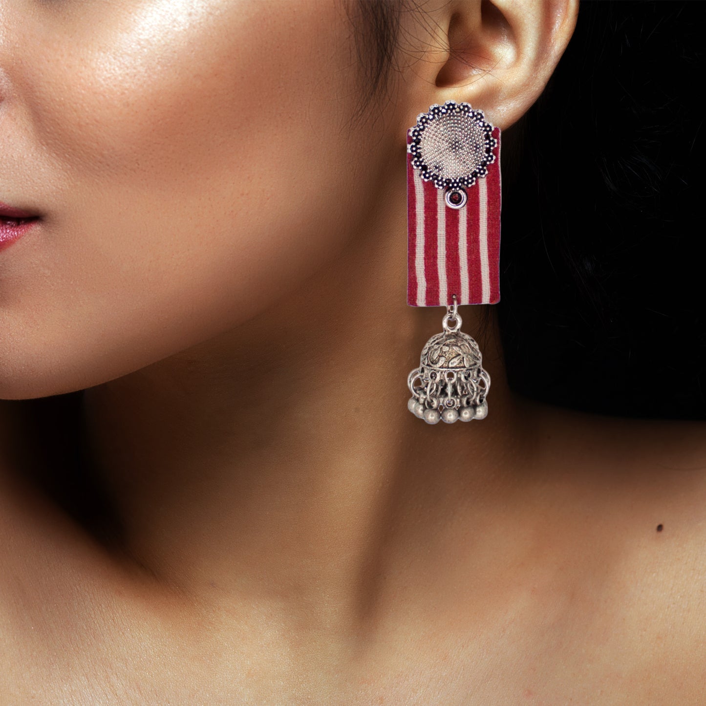 Organic Vibes Handmade Red And White Striped With Floral Stud And Jhumki Fabric Earrings For Women