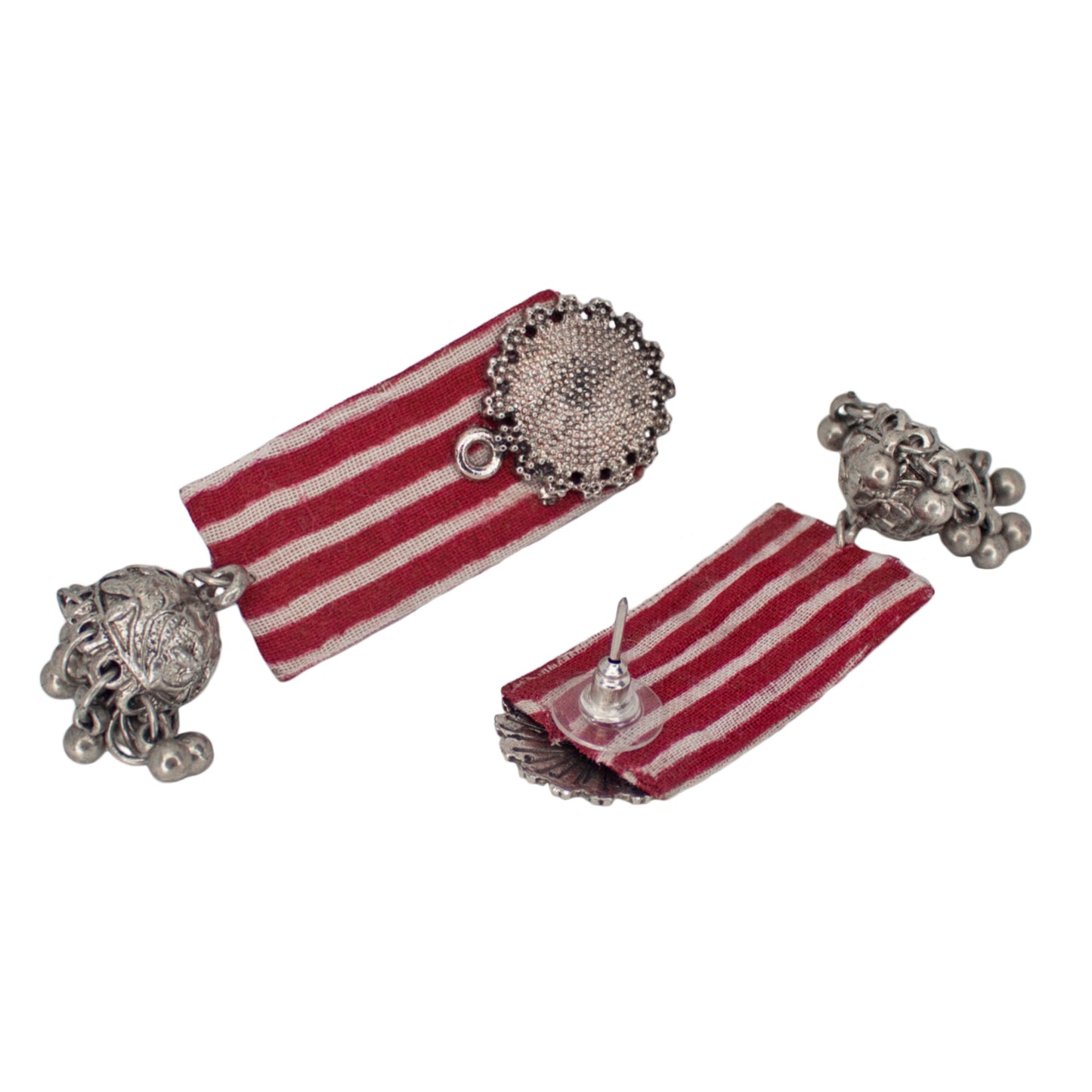 Organic Vibes Handmade Red And White Striped With Floral Stud And Jhumki Fabric Earrings For Women