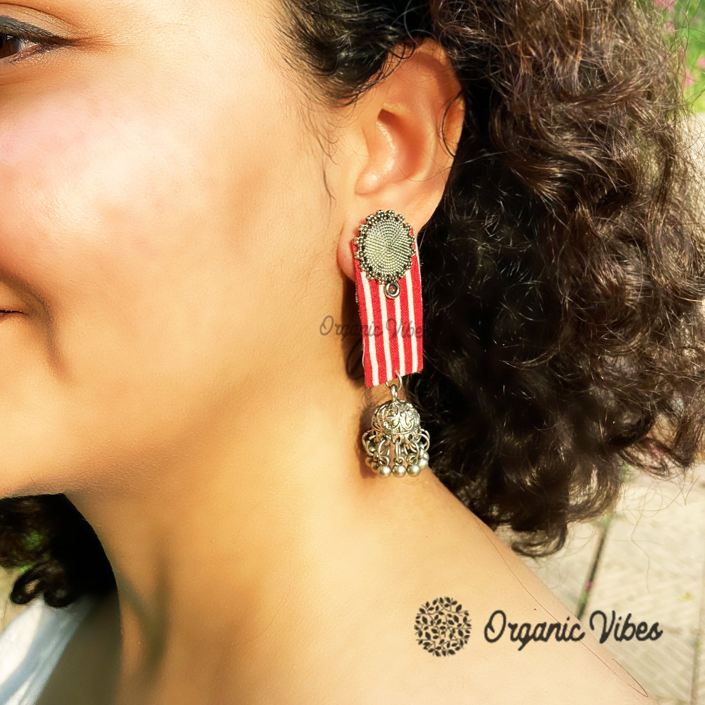 Organic Vibes Handmade Red And White Striped With Floral Stud And Jhumki Fabric Earrings For Women