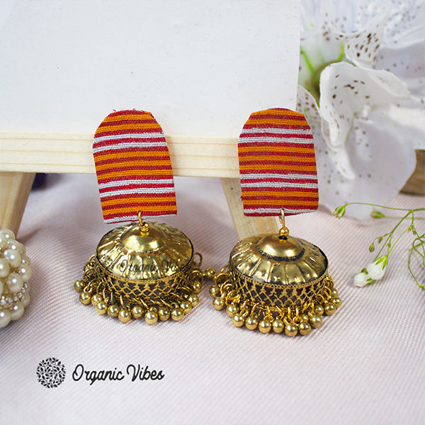 Organic Vibes Handmade Multi Colour Striped Fabric Studs With Golden Jhumka Earrings For Women