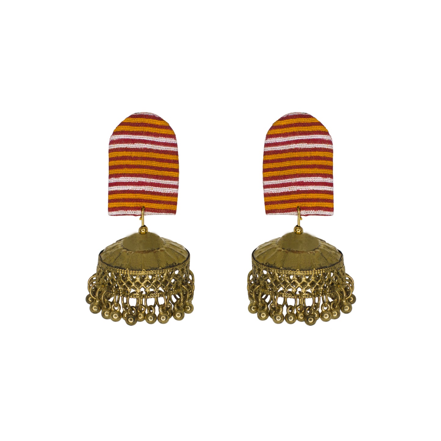 Organic Vibes Handmade Multi Colour Striped Fabric Studs With Golden Jhumka Earrings For Women