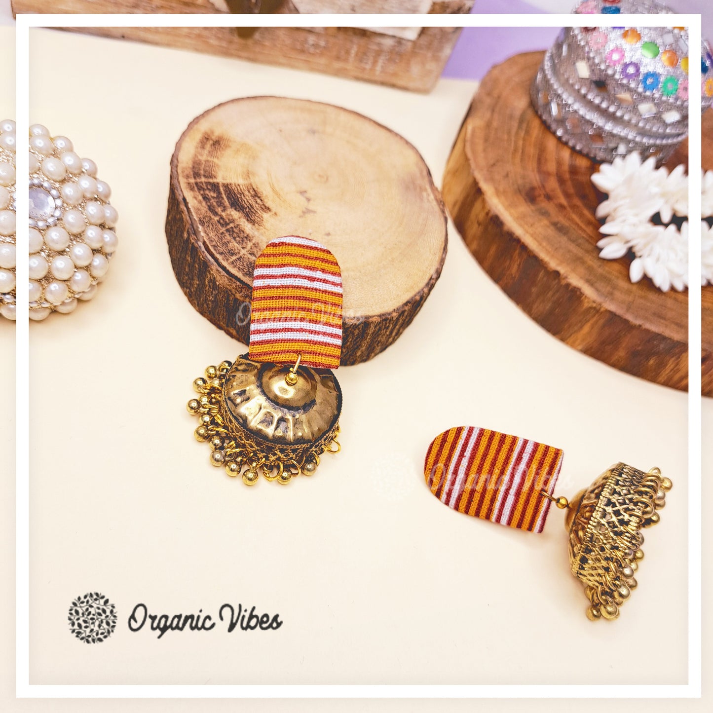 Organic Vibes Handmade Multi Colour Striped Fabric Studs With Golden Jhumka Earrings For Women