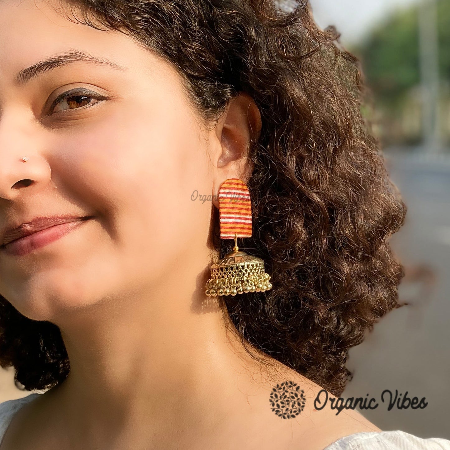 Organic Vibes Handmade Multi Colour Striped Fabric Studs With Golden Jhumka Earrings For Women
