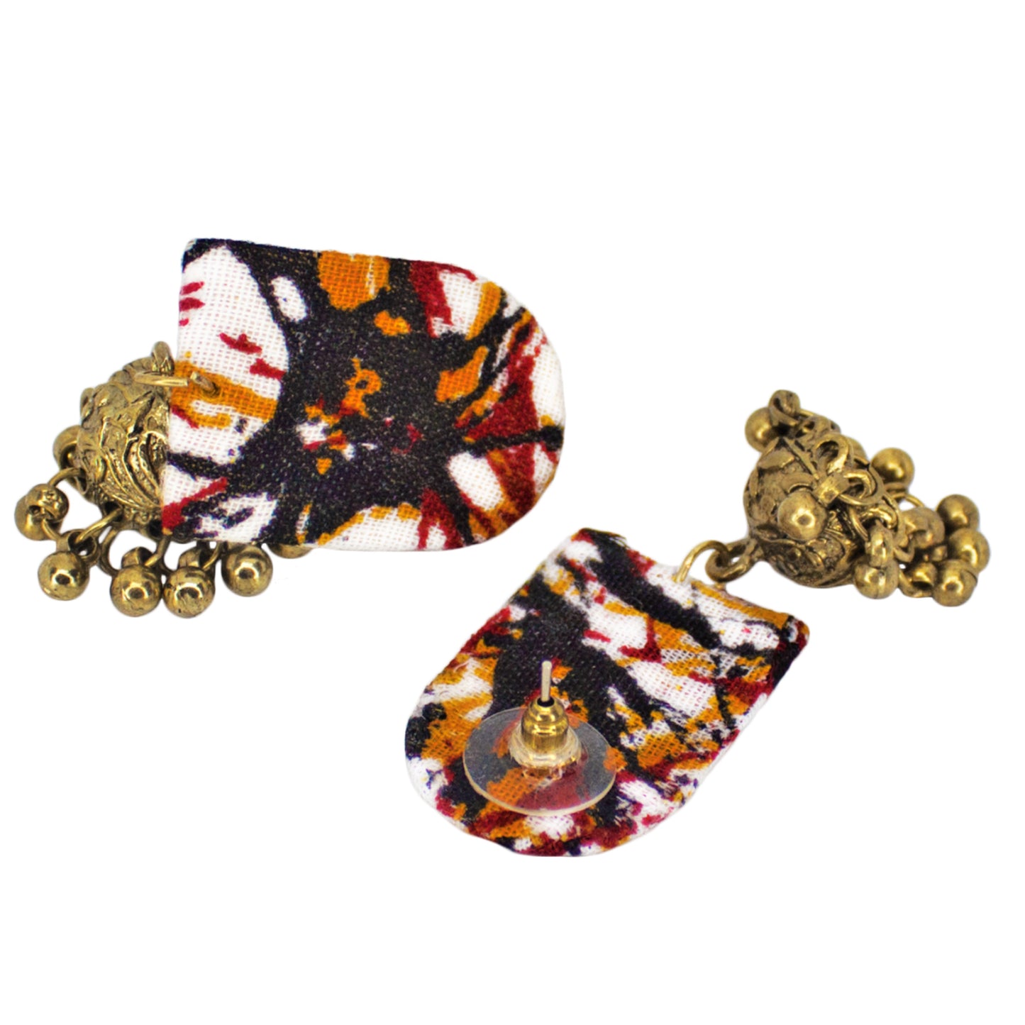 Organic Vibes Handmade Unique Multi Colour Tie Dye Print With Golden Jhumki Fabric Earrings For Women