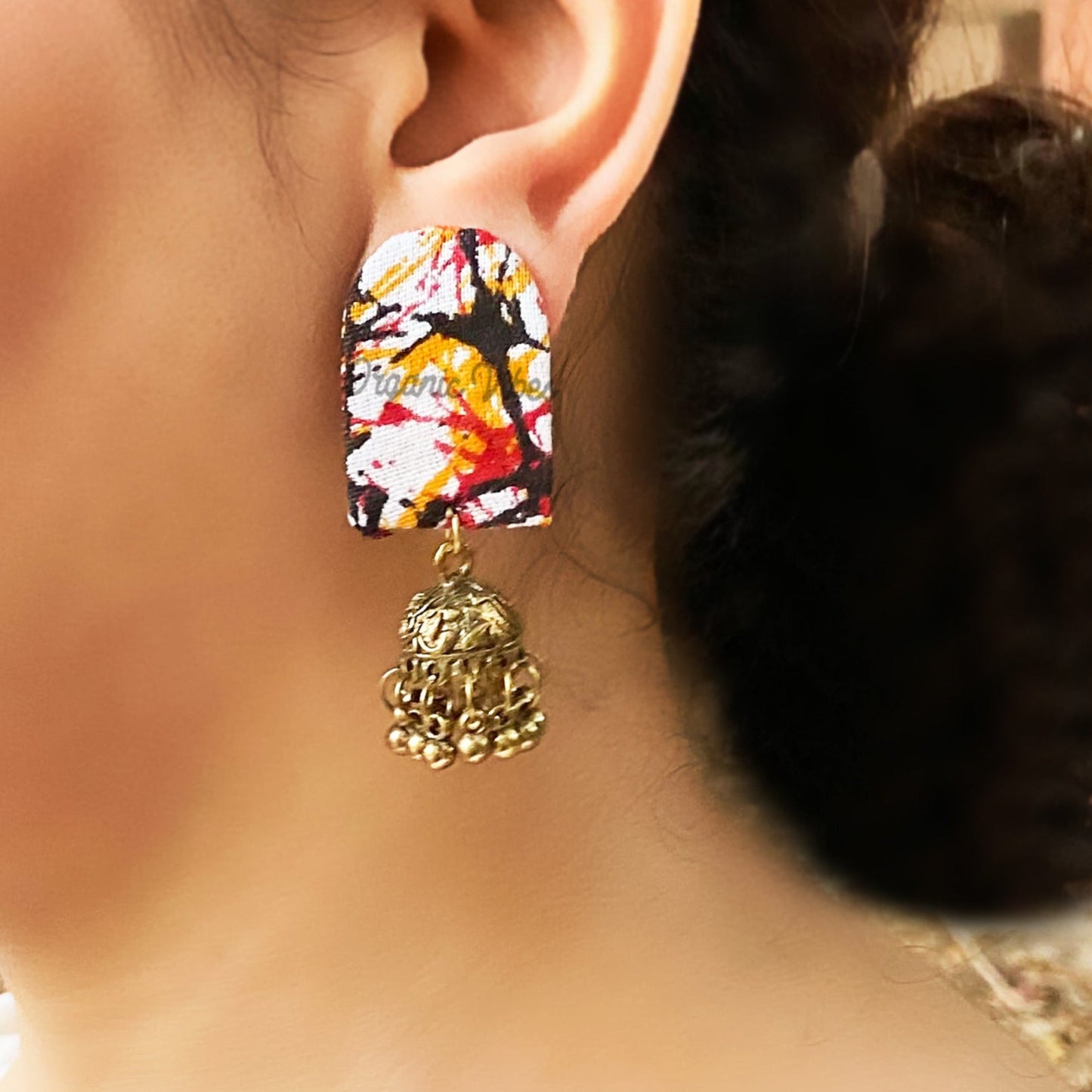Organic Vibes Handmade Unique Multi Colour Tie Dye Print With Golden Jhumki Fabric Earrings For Women